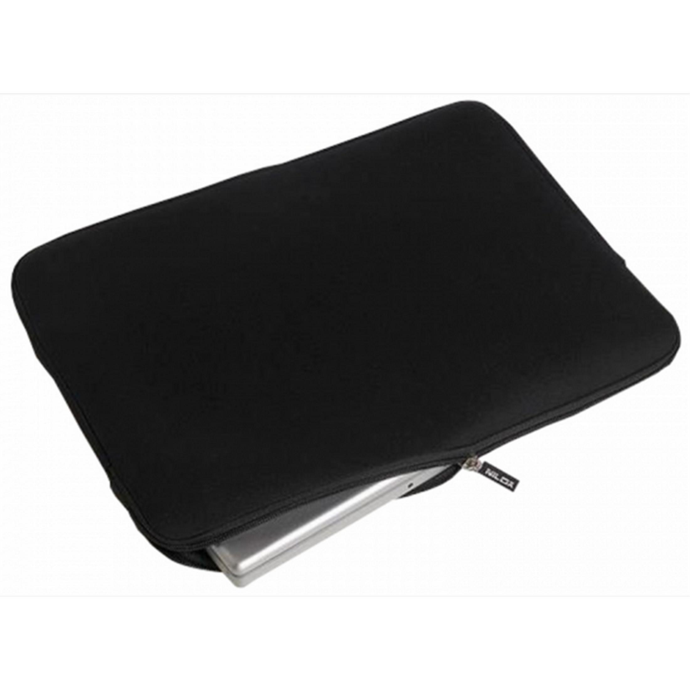 Una custodia nera per laptop con un laptop argentato che sporge parzialmente.