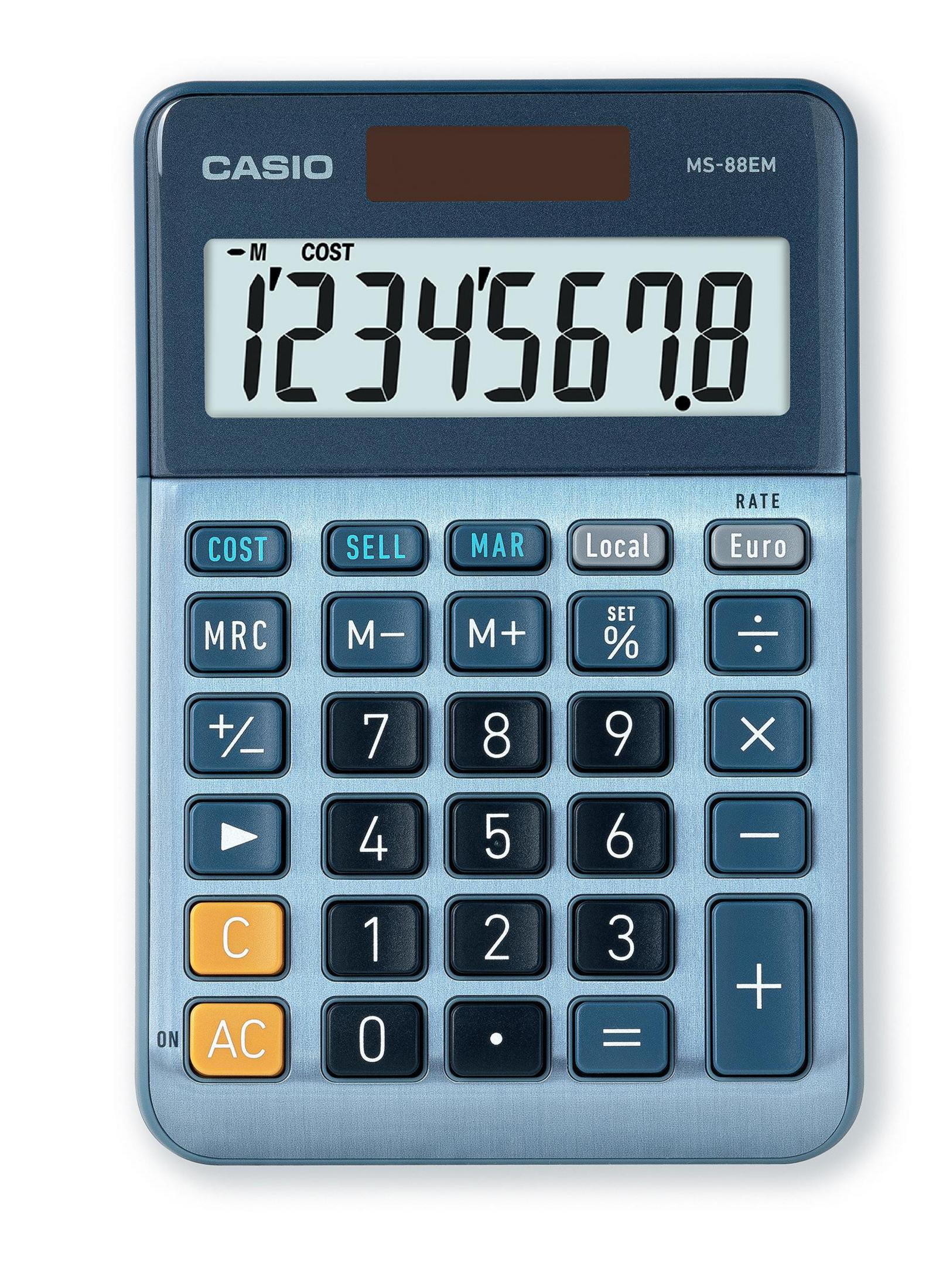 Una calcolatrice Casio blu che mostra numeri e pulsanti.