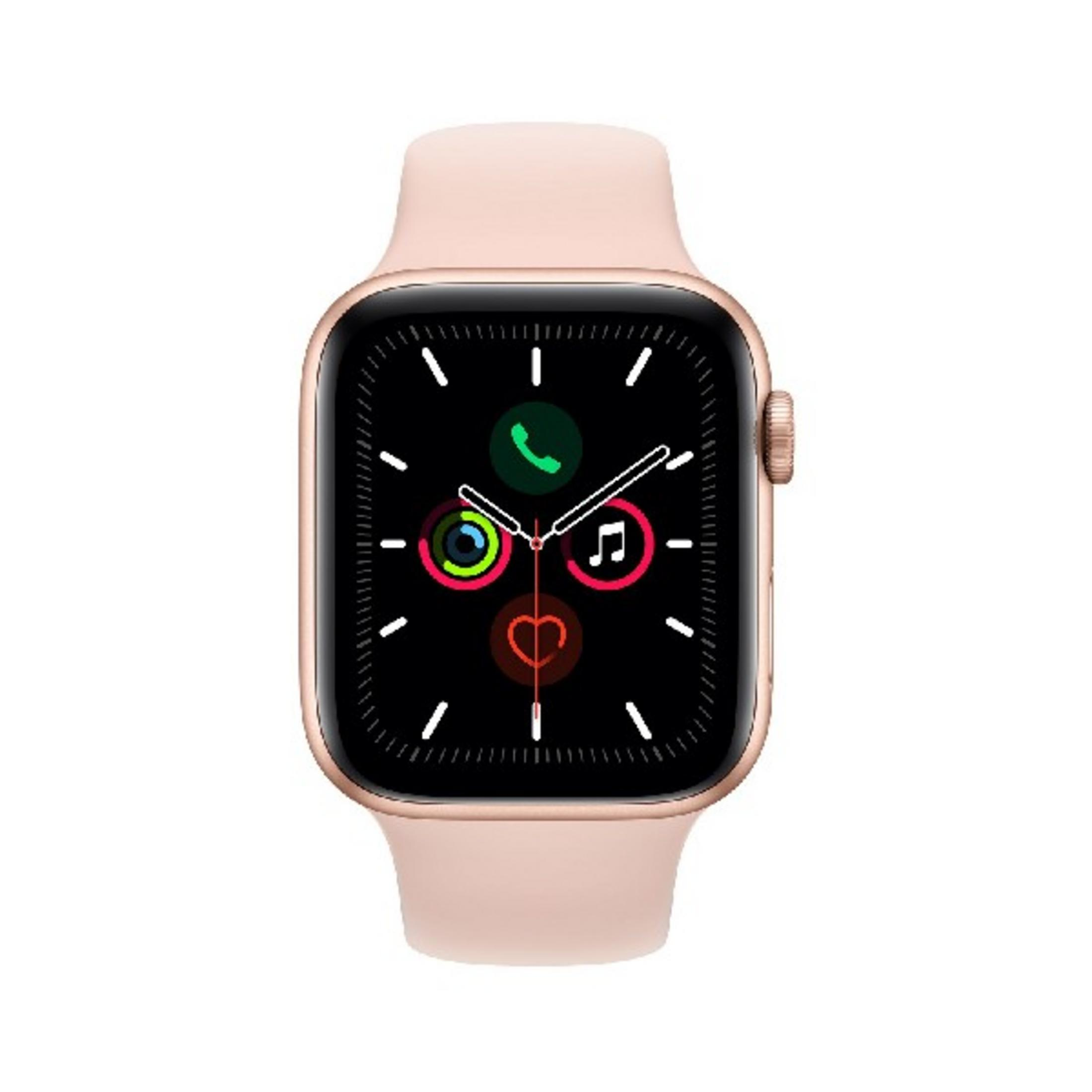Un reloj inteligente rosa dorado con pantalla negra y iconos de apps.