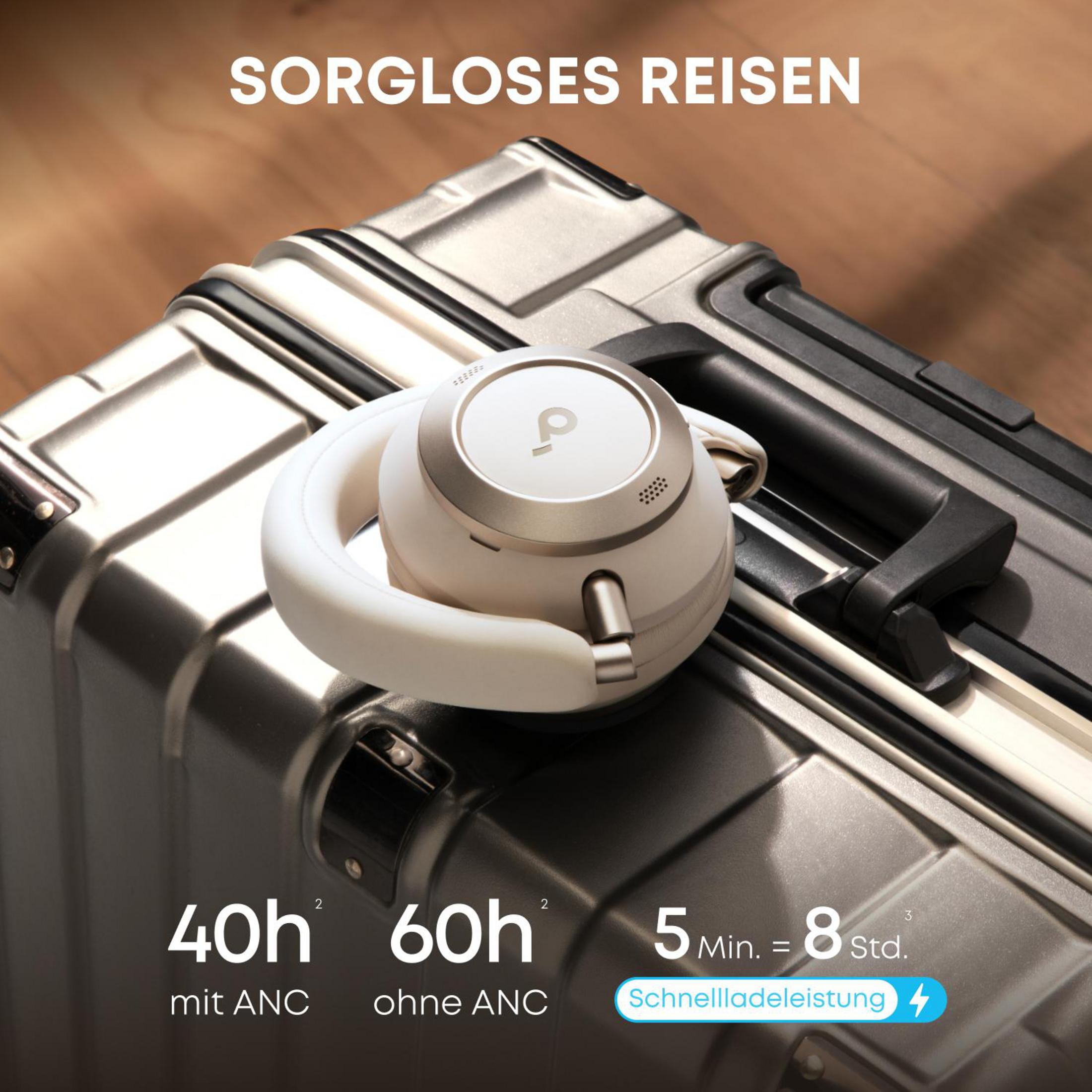 Un auricolare bianco poggia su una valigia argentata. Il testo menziona la durata della batteria.