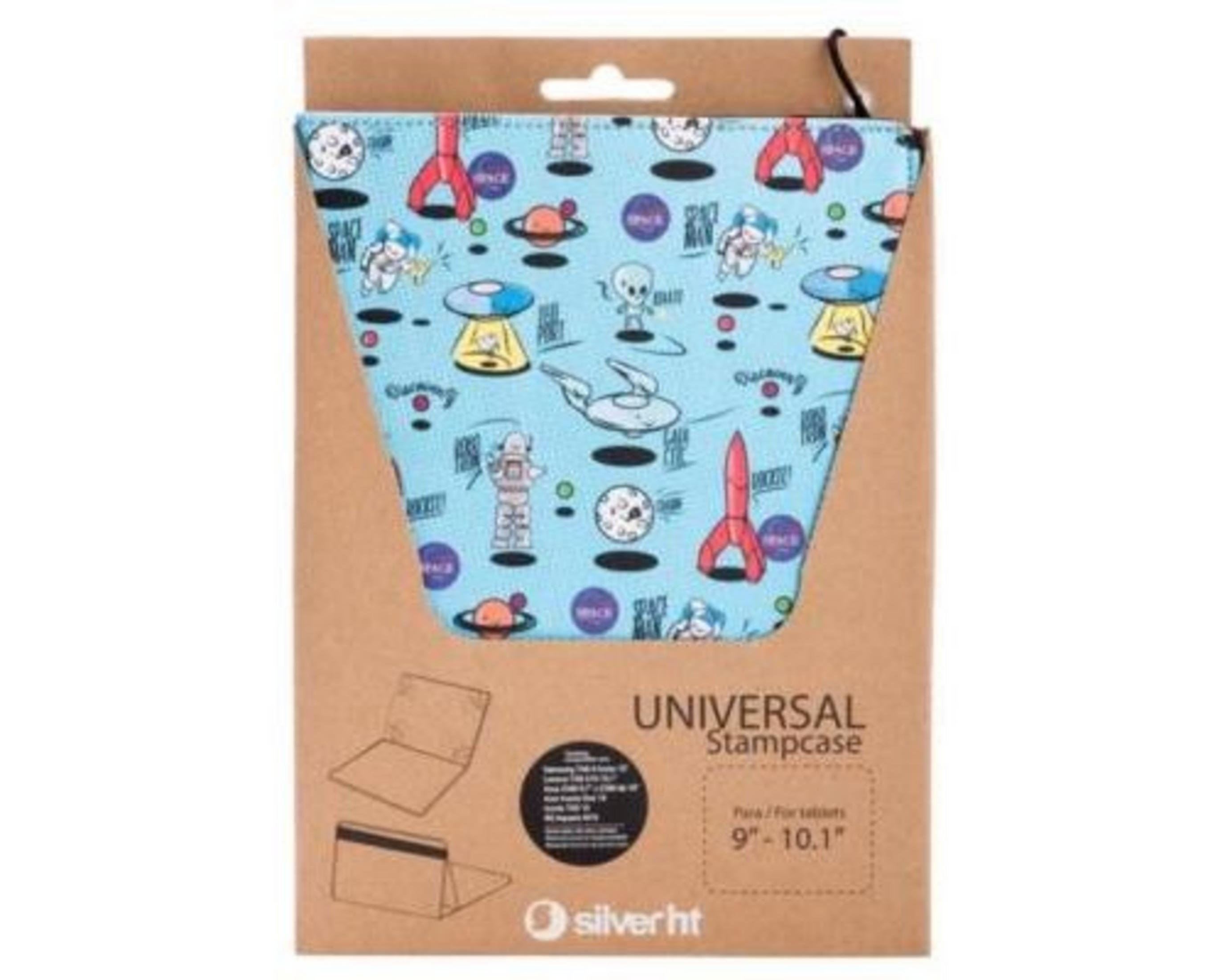 Funda azul claro con temática espacial, cohetes, alienígenas y astronautas.