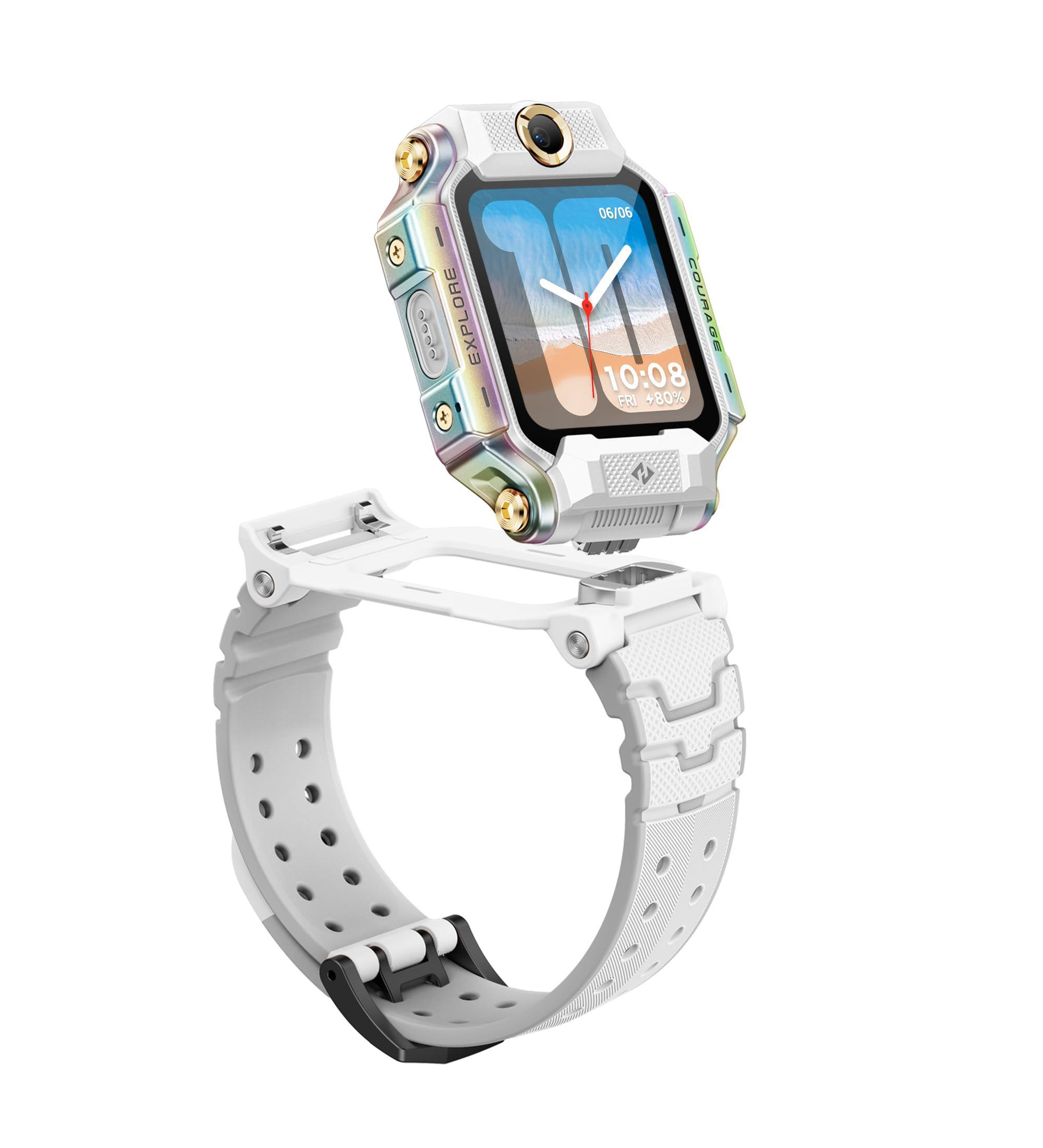 Weies Smartwatch-Gehuse mit Kamera und weiem Armband auf weiem Hintergrund.
