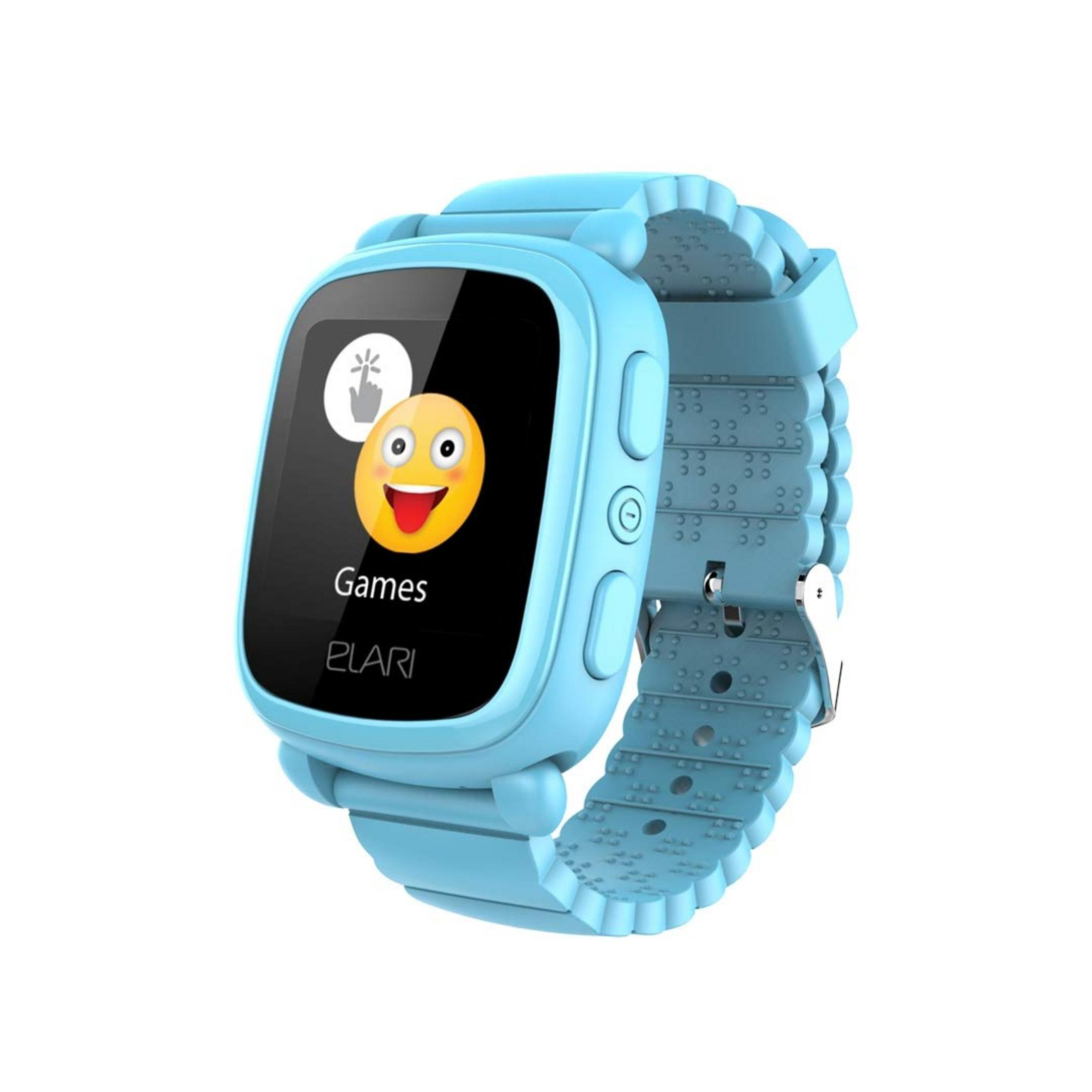 Un smartwatch infantil azul claro que muestra un emoji feliz en pantalla.