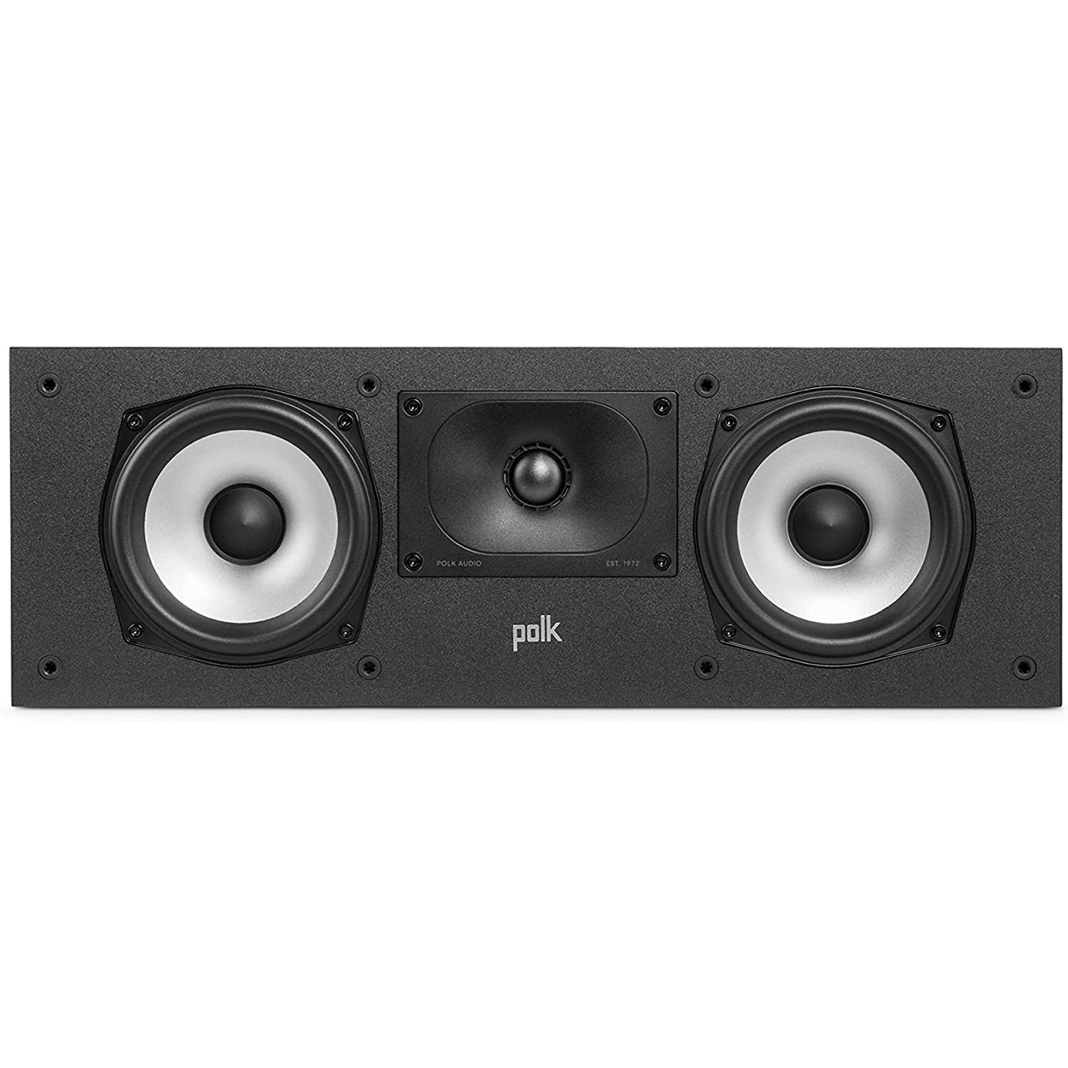 Altavoz Polk negro con dos woofers y un altavoz de medios.