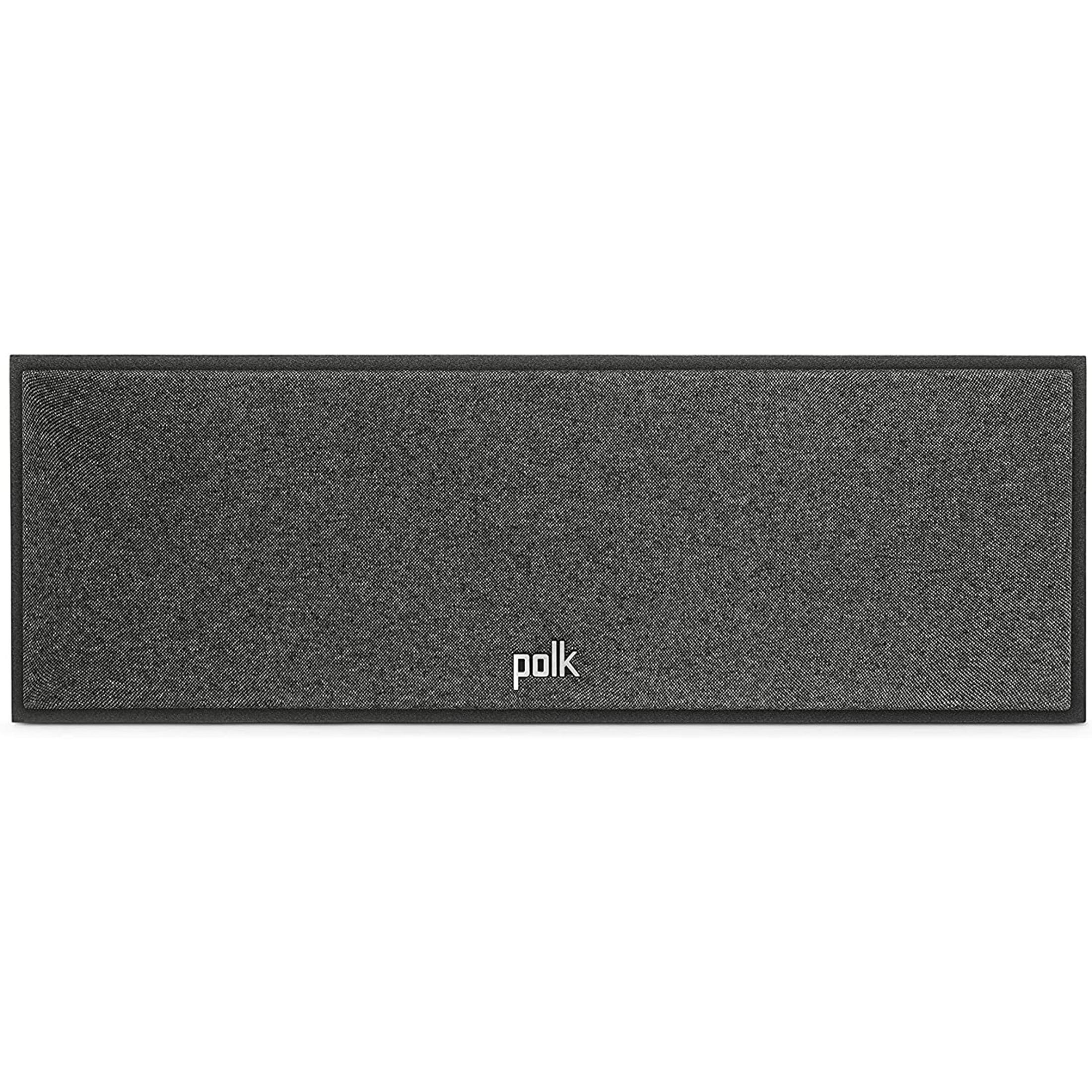 Altavoz Polk negro con rejilla de tela y sutil Letras plateadas.