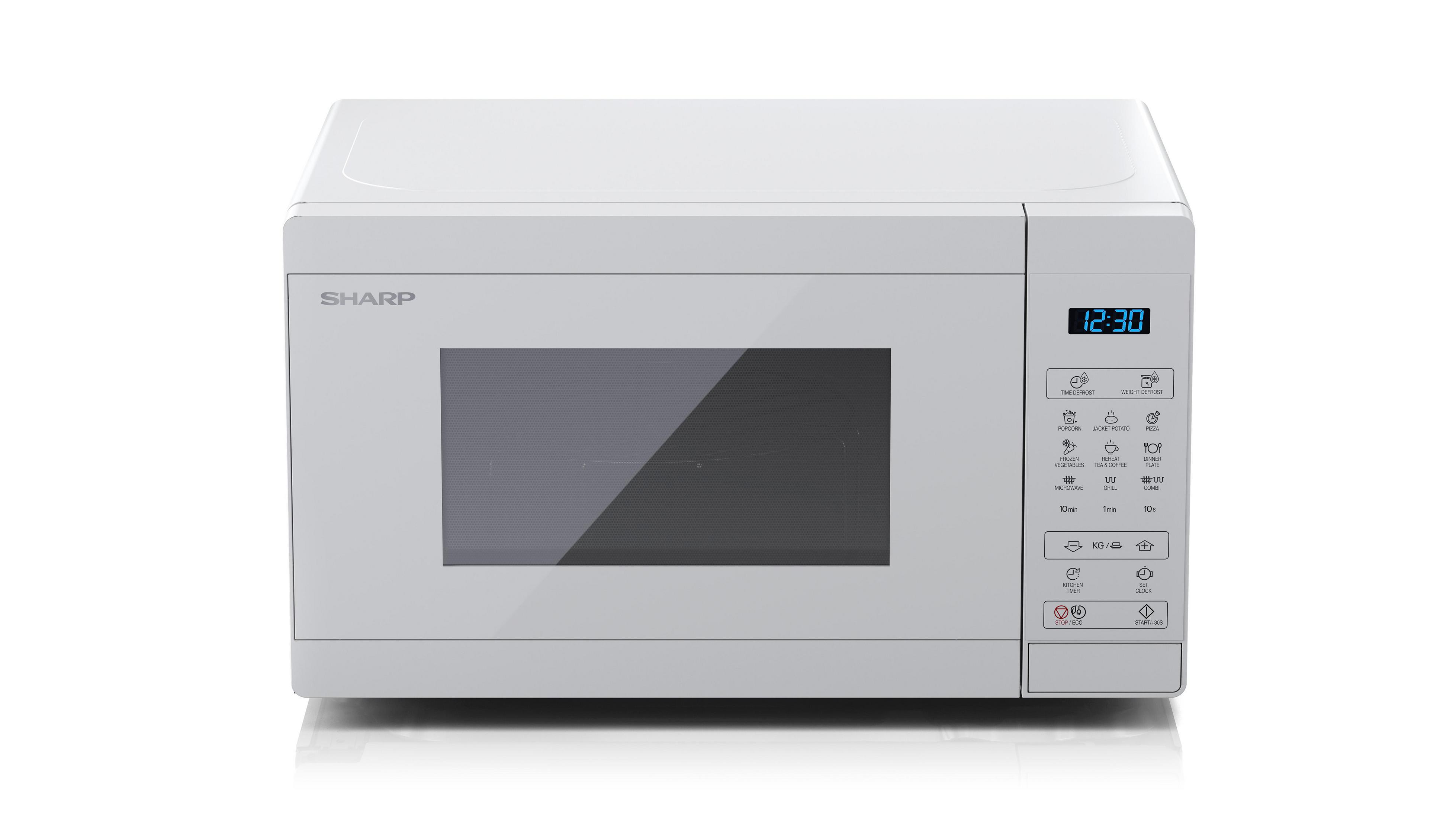 Un microonde bianco Sharp con display digitale e pannello di controllo.