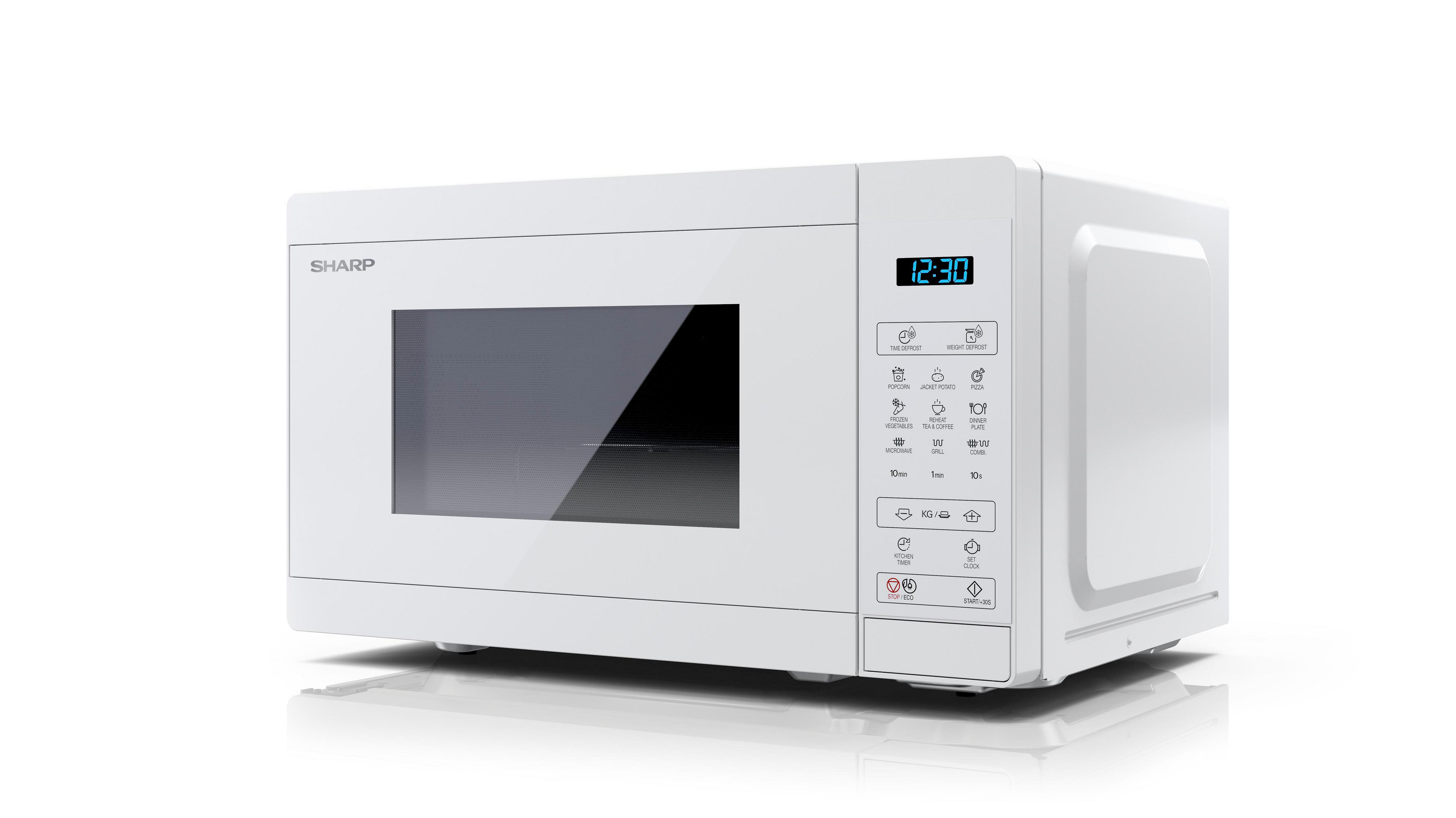 Un forno a microonde Sharp bianco con display digitale blu e pulsanti.
