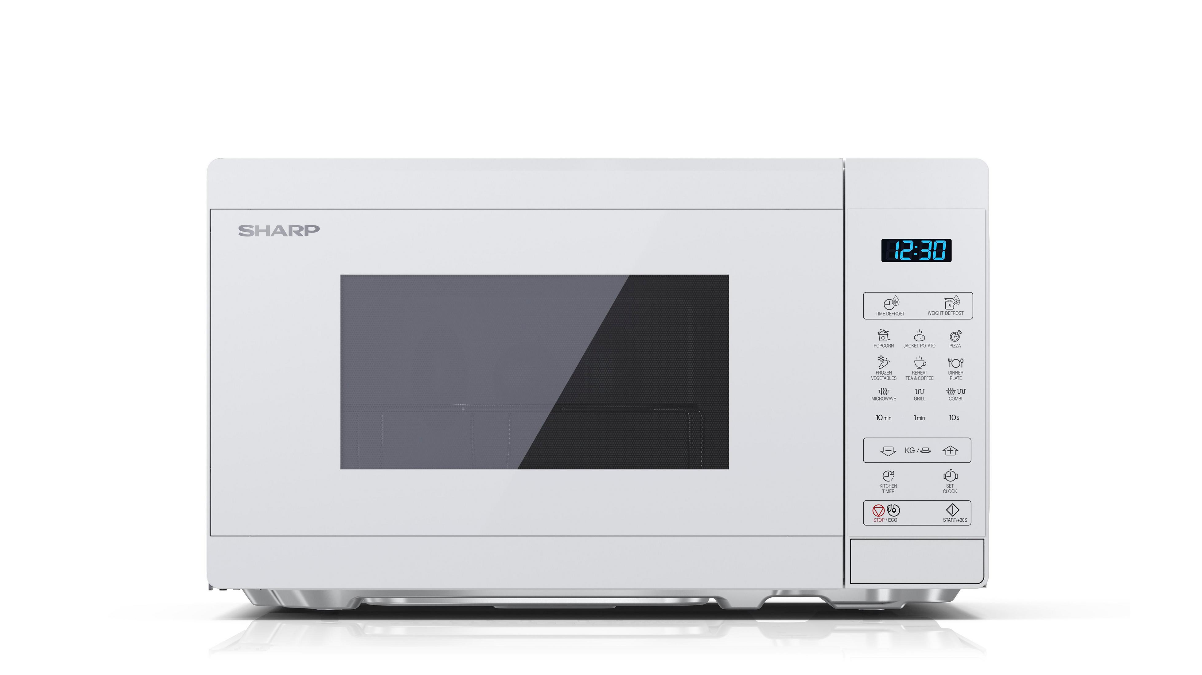 Un forno a microonde Sharp bianco con display digitale e pulsanti.