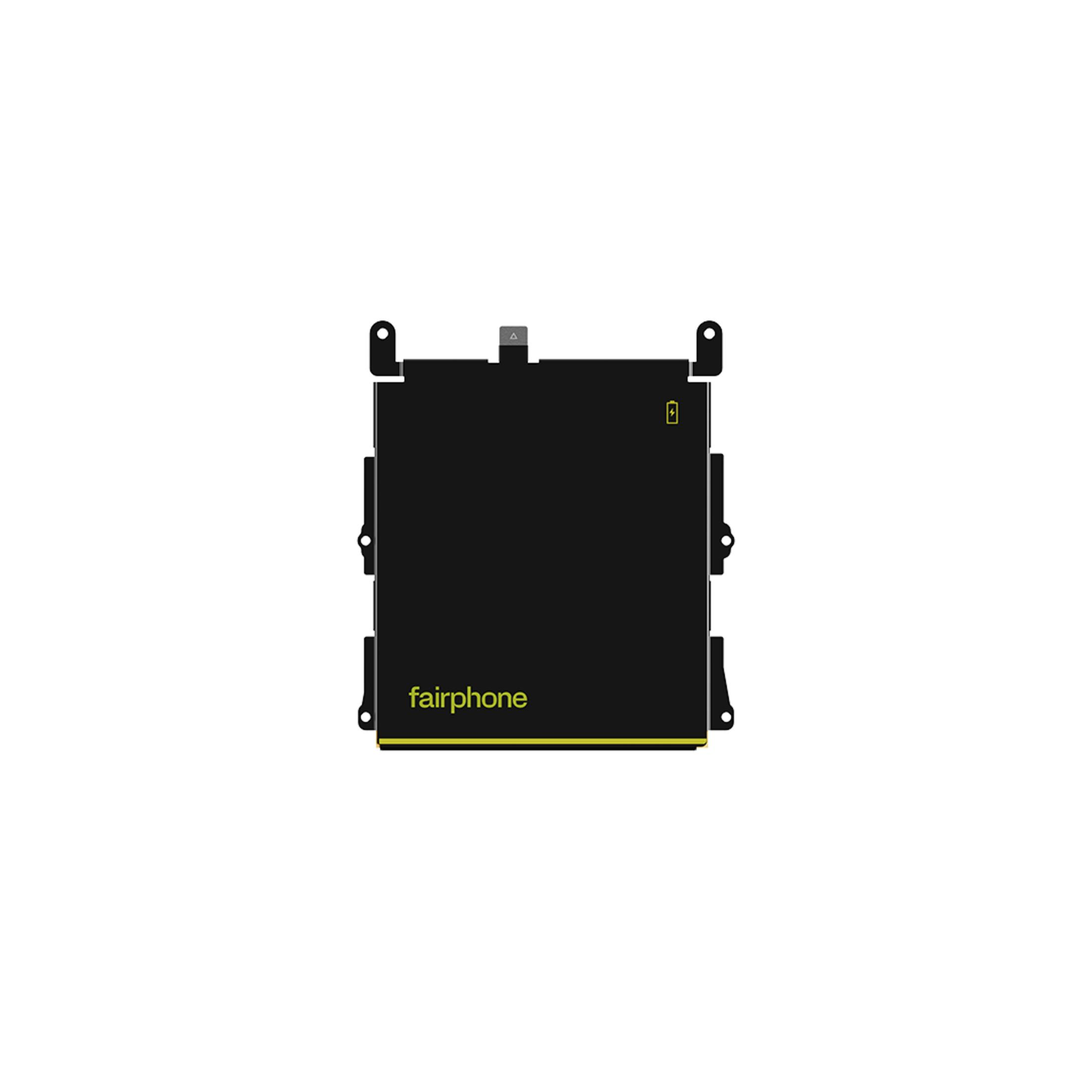 Schwarzer Fairphone-Akku mit gelbem Logo und Ladeanzeige.