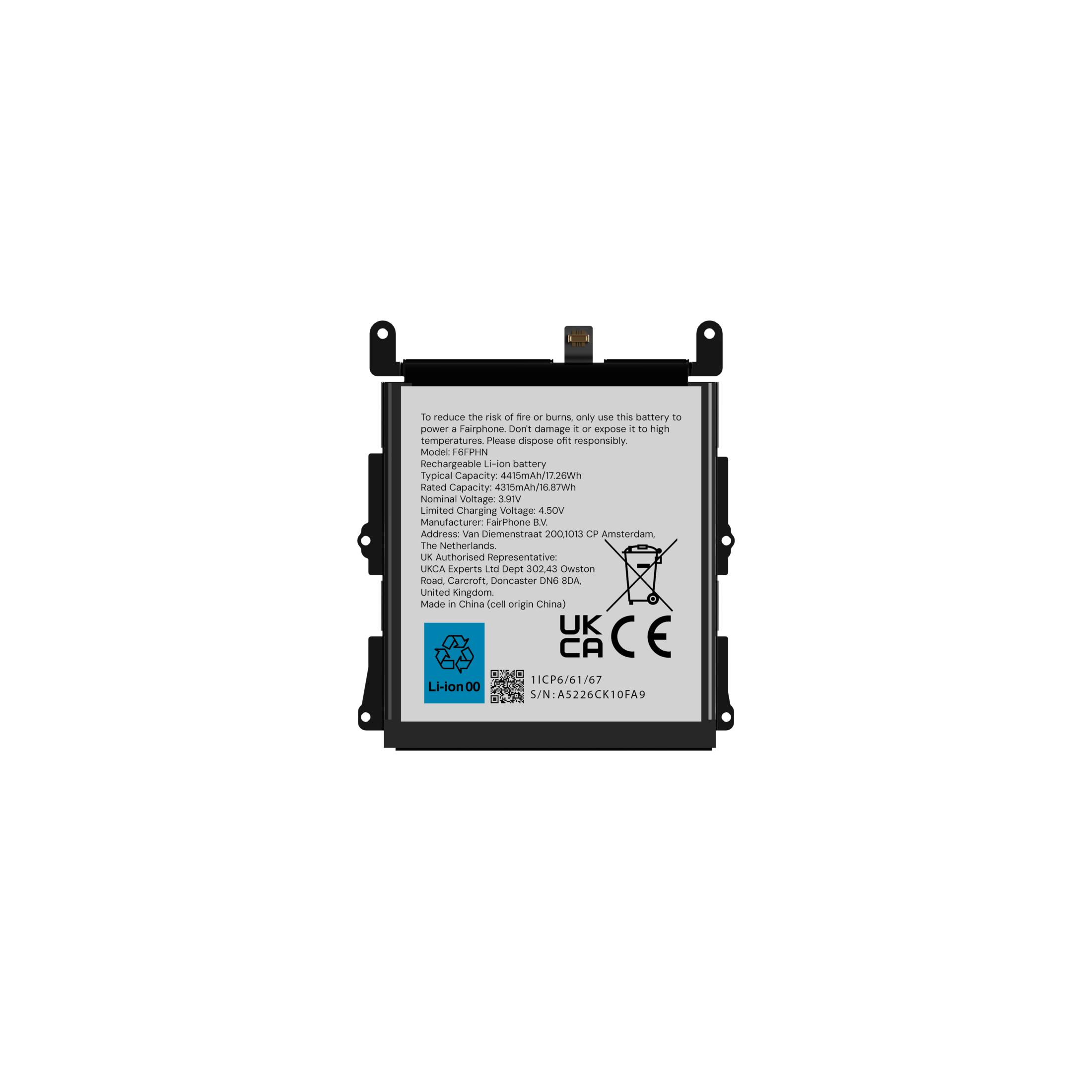Ein Fairphone Li-Ion Akku mit technischen Daten und Warnhinweisen.