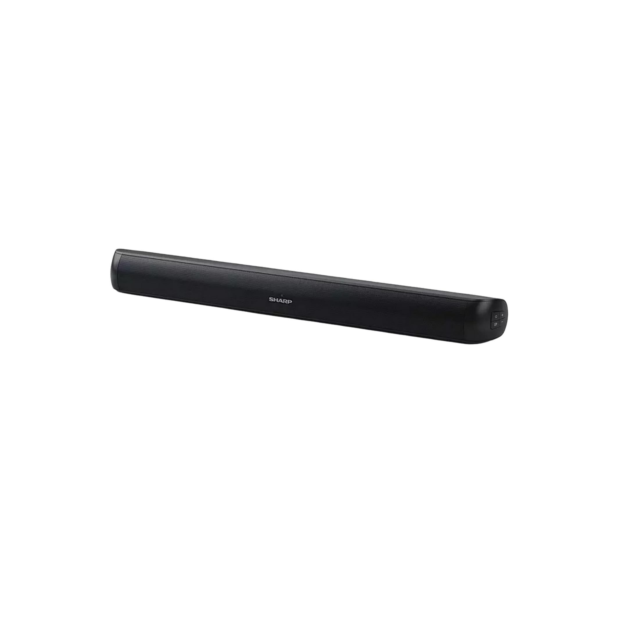 Soundbar Sharp nero e sottile con pulsanti sul lato.