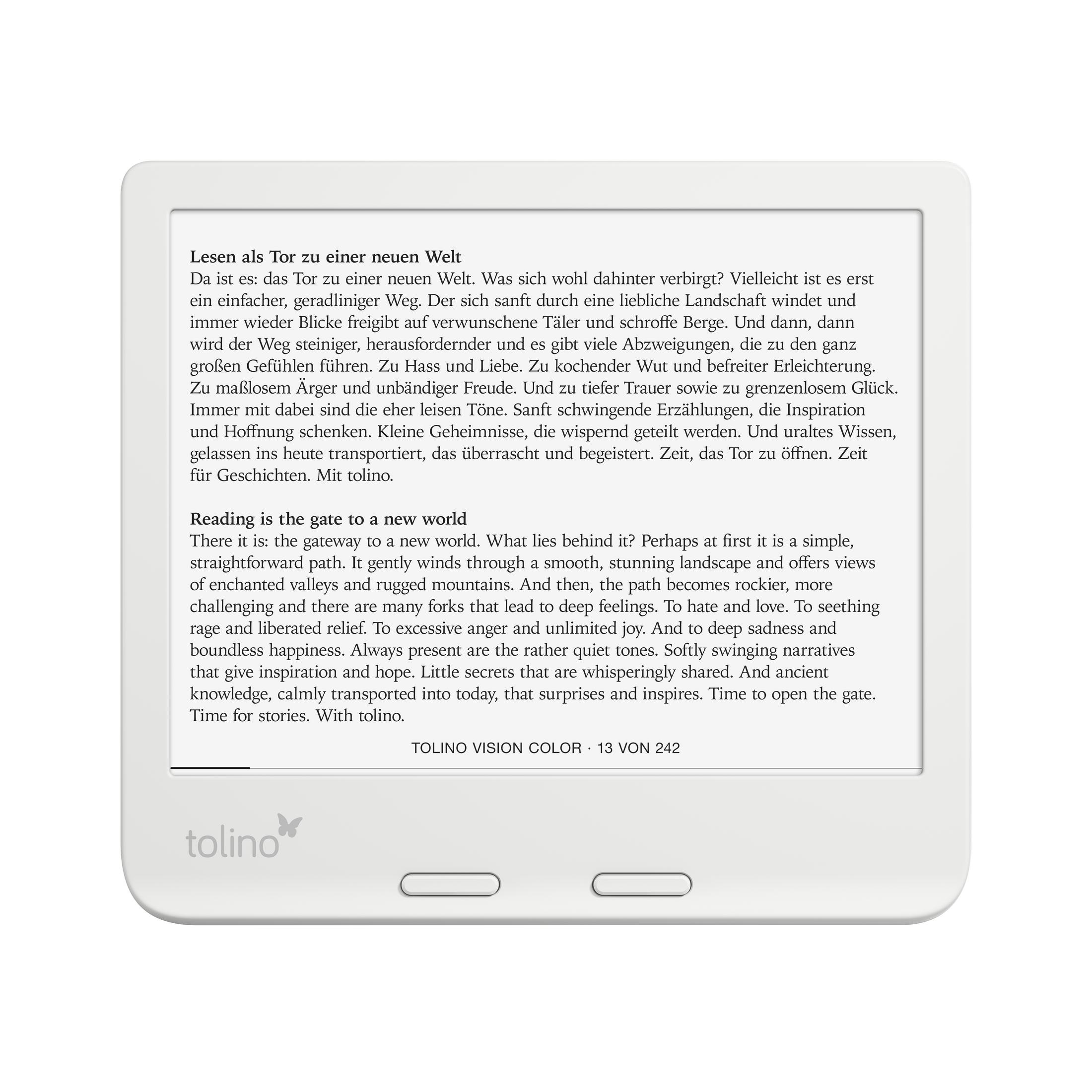Ein E-Reader mit Text auf Deutsch und Englisch, mit dem Tolino-Logo unten.