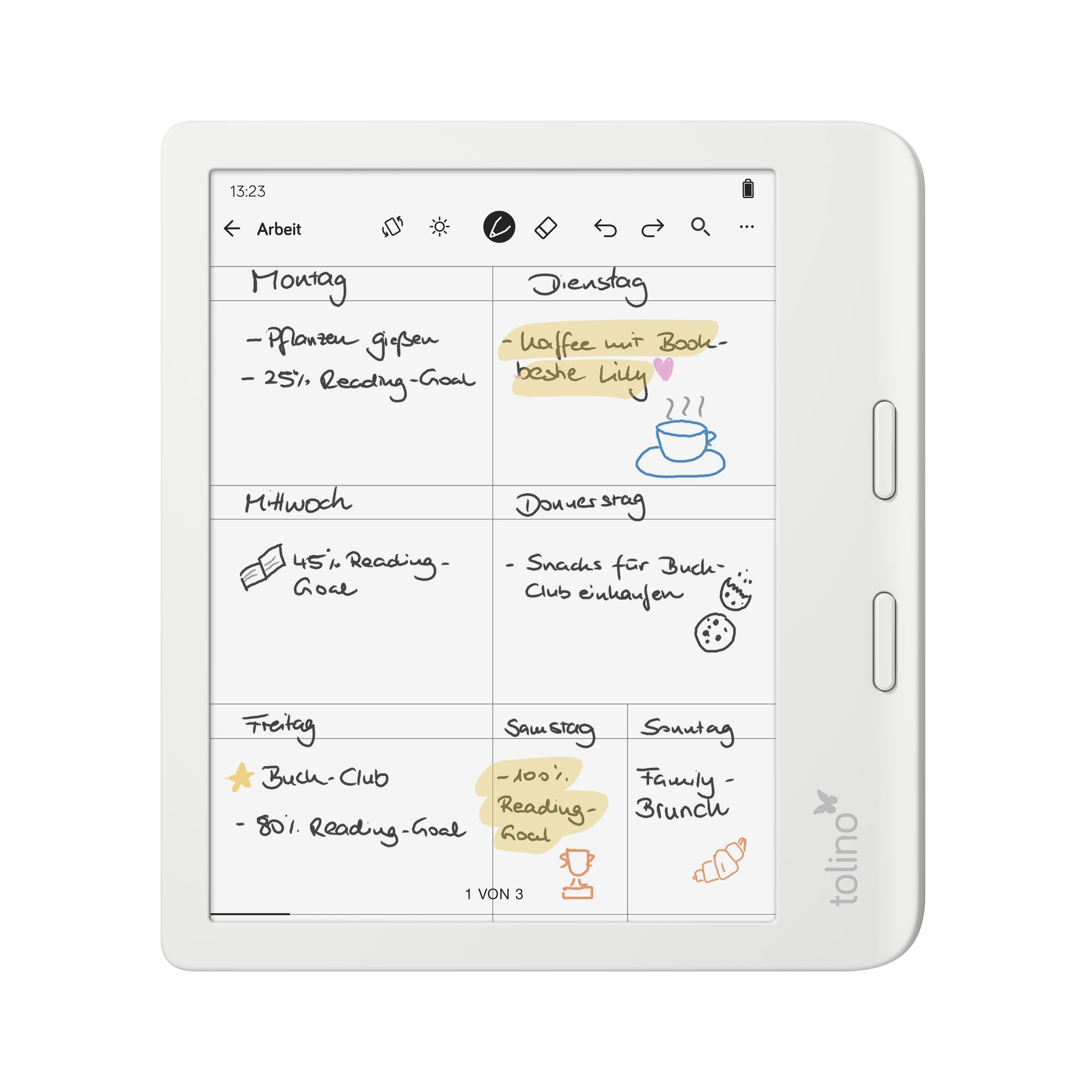 E-Reader mit Wochenplan: Aufgaben für Montag bis Sonntag, mit Symbolen und Notizen.