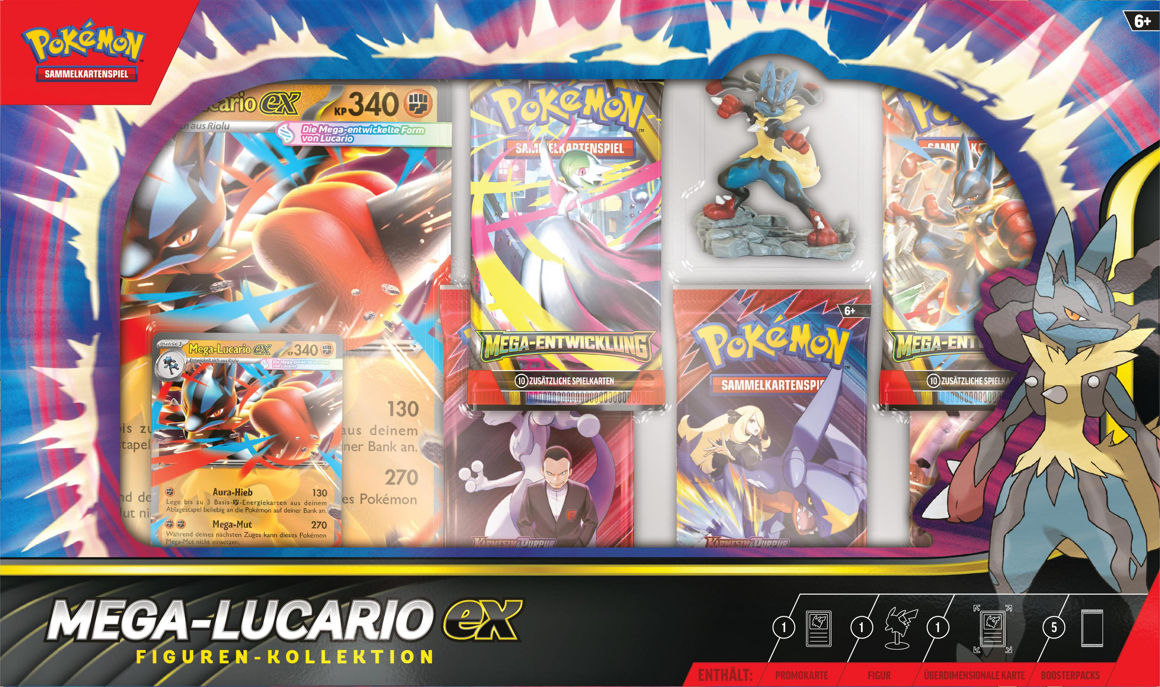 Pokémon Mega-Lucario EX Figuren-Kollektion mit Karten, Figur und Boosterpacks.