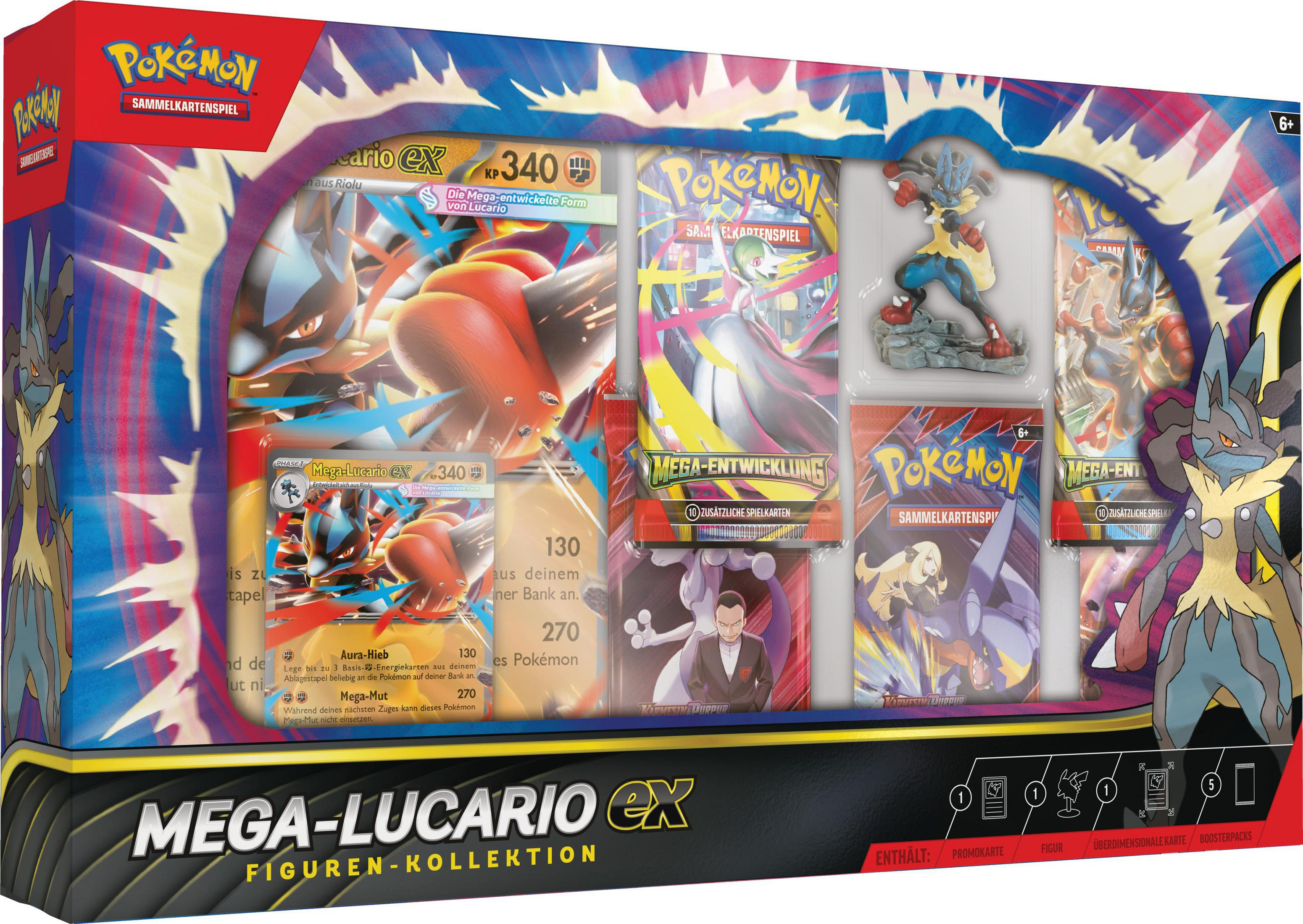 Pokemon Mega-Lucario EX Box mit Karte, Figur und Boostern.