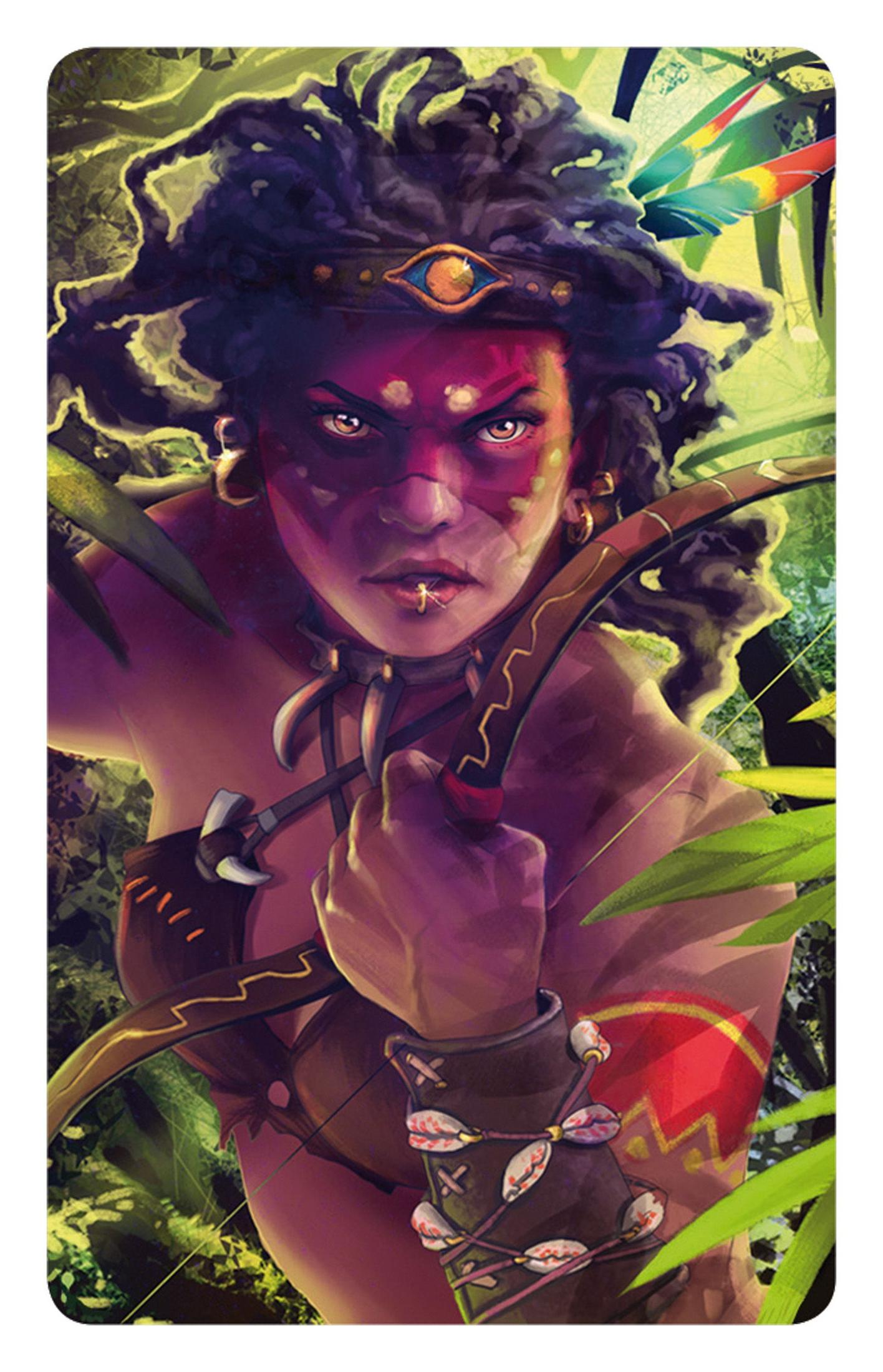 Guerrière avec arc dans la jungle, avec peinture faciale rouge et plumes dans les cheveux.