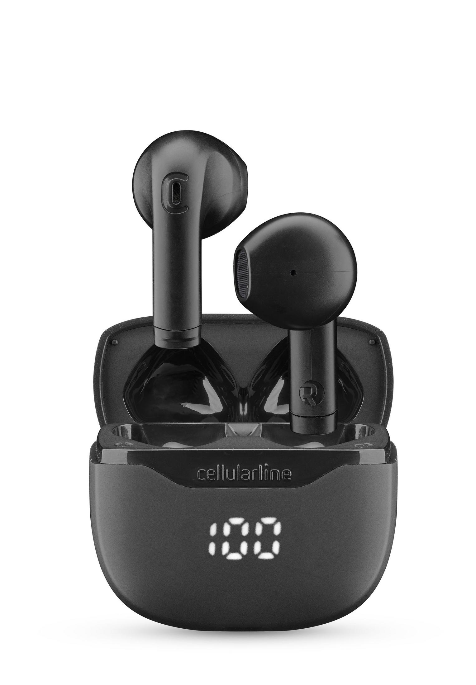 Auricolari wireless neri in una custodia di ricarica con display digitale.