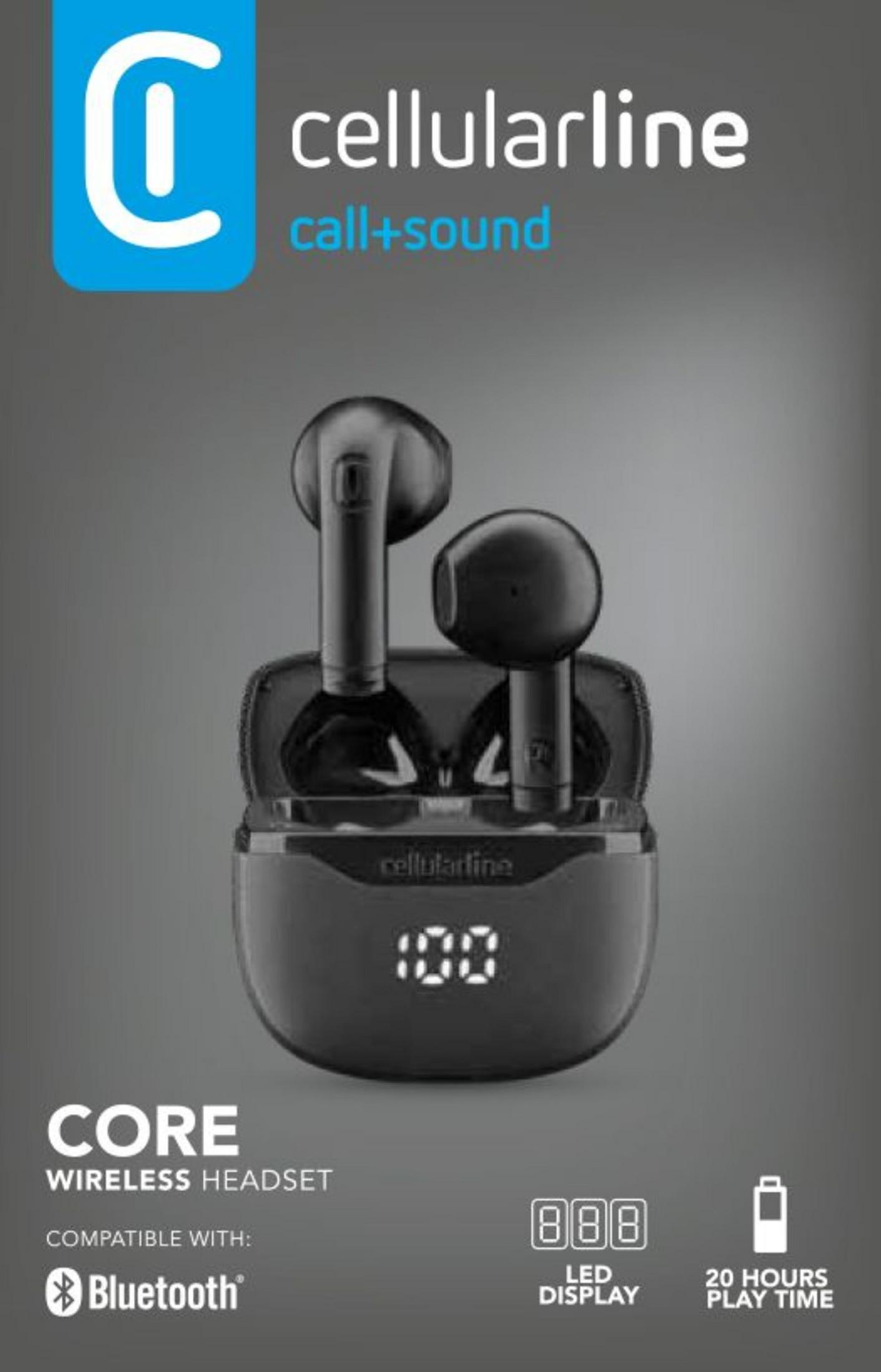 Auricolari wireless neri con custodia di ricarica e display LED.