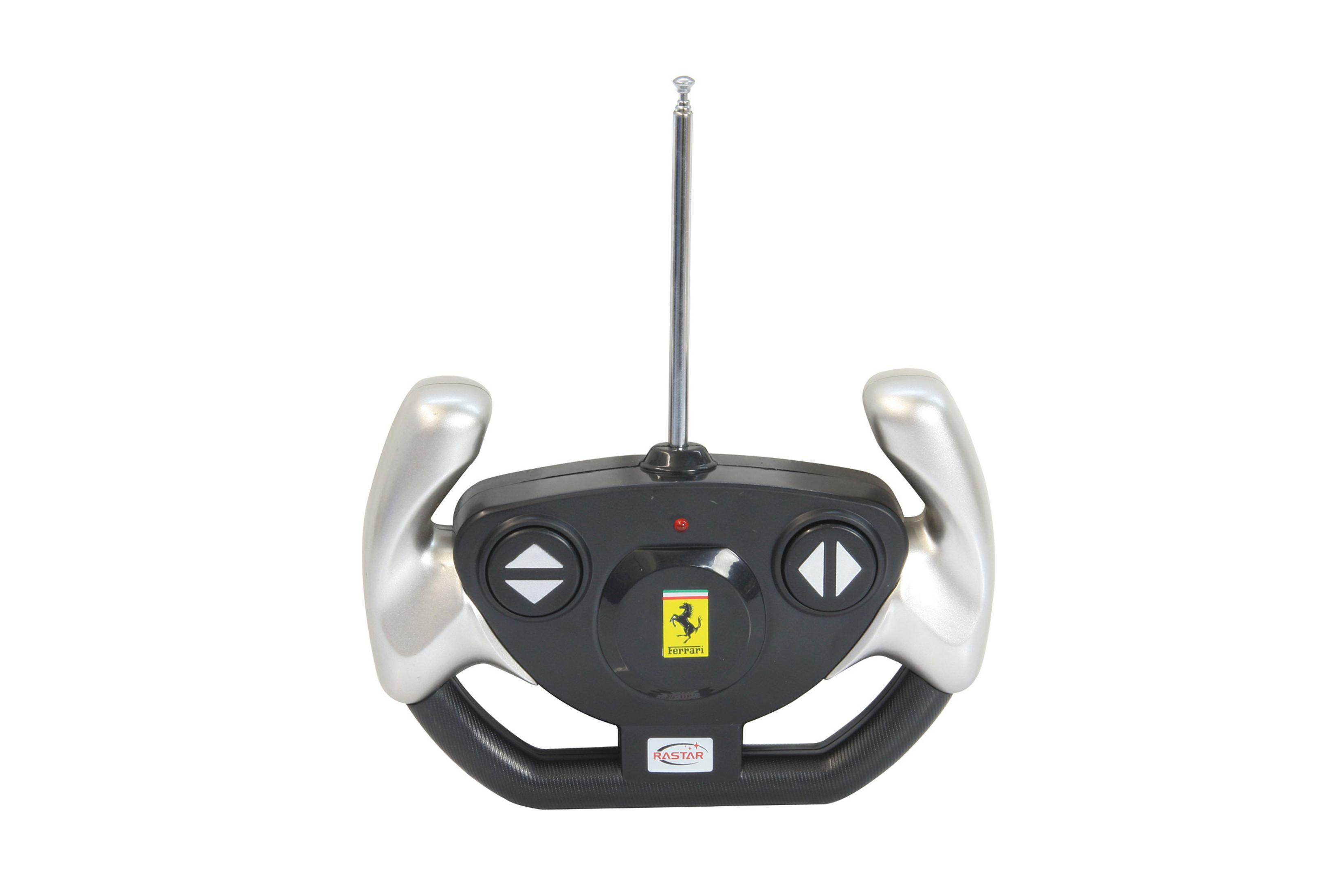 Ein schwarzer Ferrari-Fernbedienungs-Controller mit silbernen Griffen und einem ausziehbaren Antennenstab.