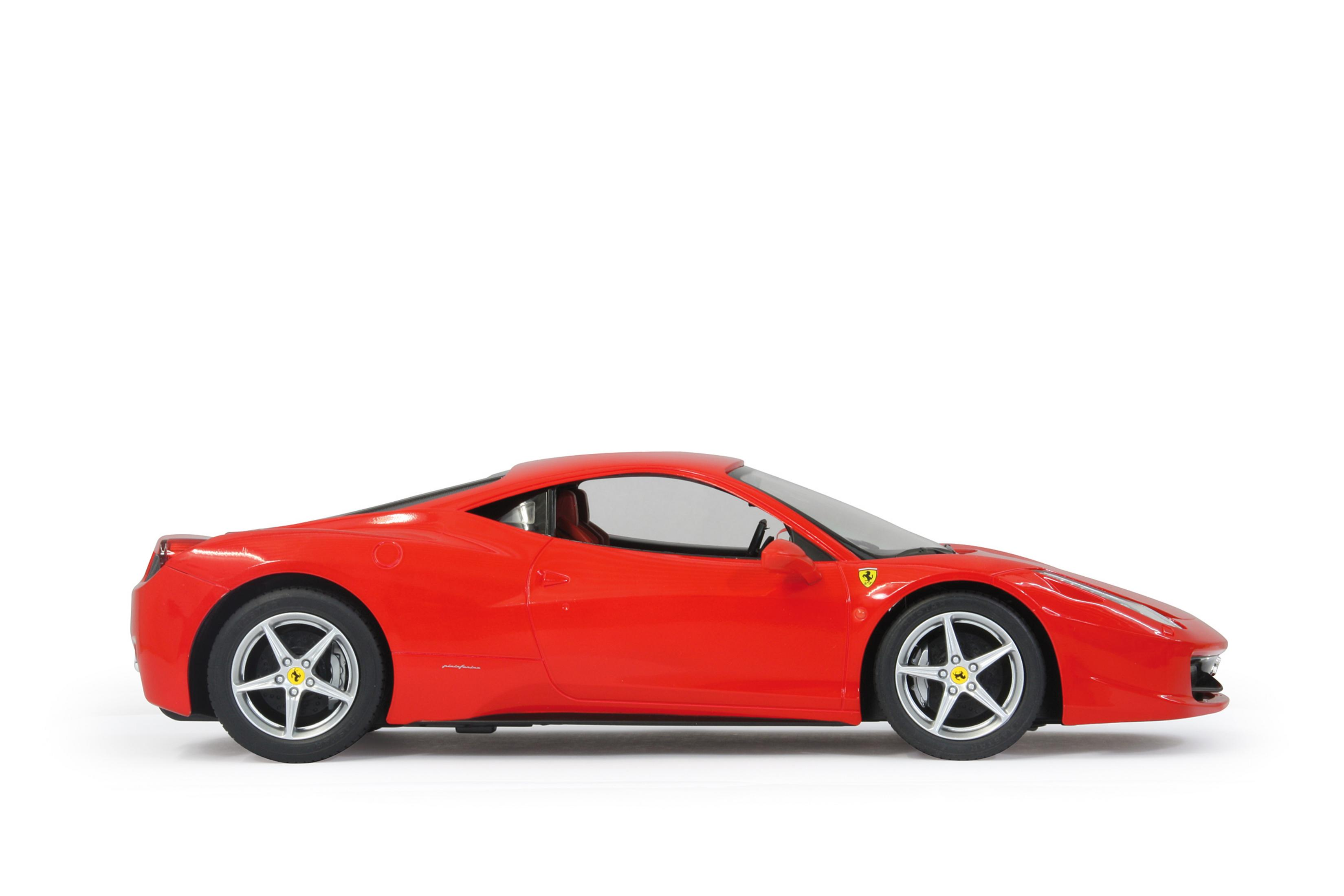 Ein rotes Ferrari-Spielzeugauto mit silbernen Felgen, auf weißem Hintergrund.