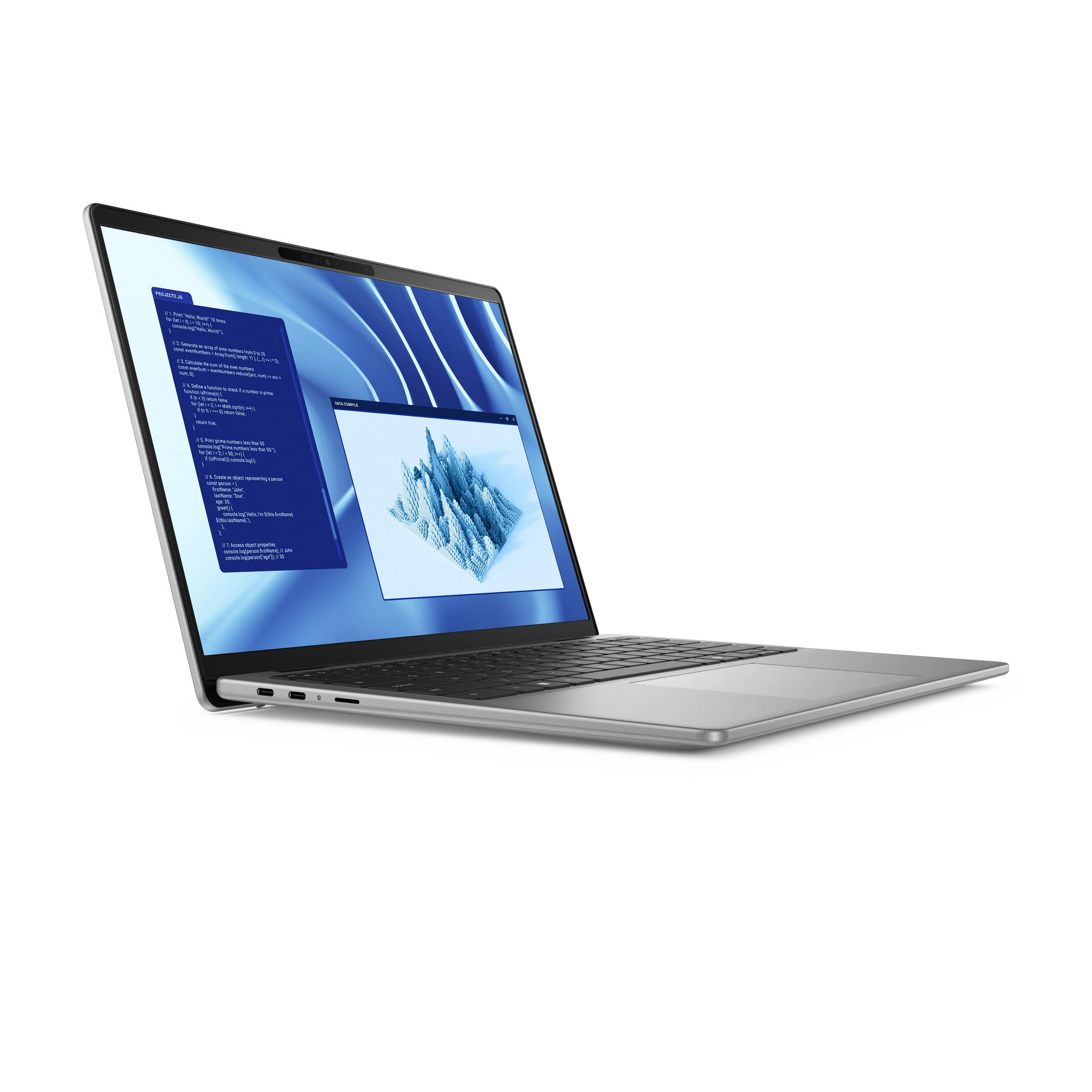 Un laptop argento che mostra codice e un grafico 3D sul suo schermo.