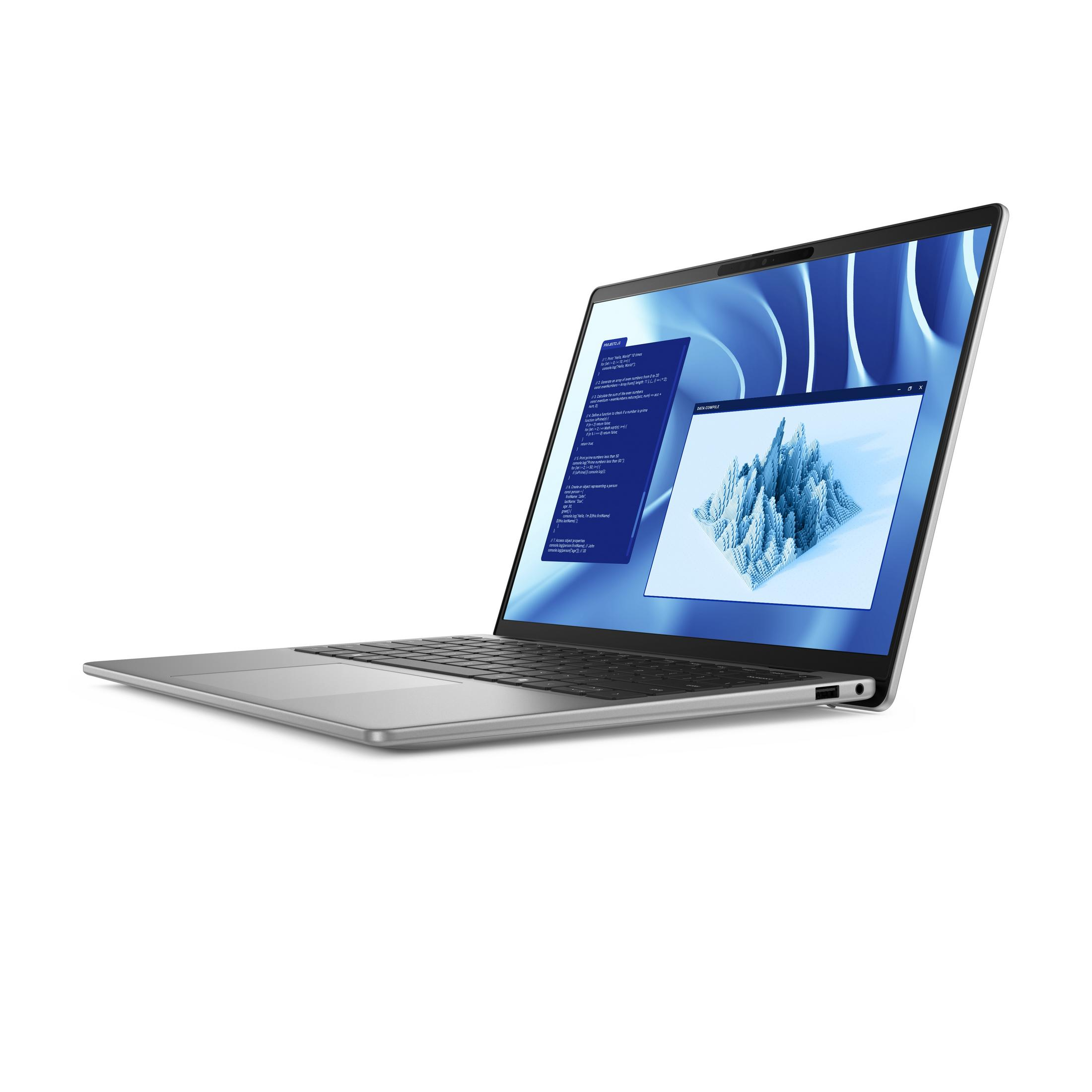 Un laptop argentato con lo schermo aperto, che mostra codice e grafica 3D.