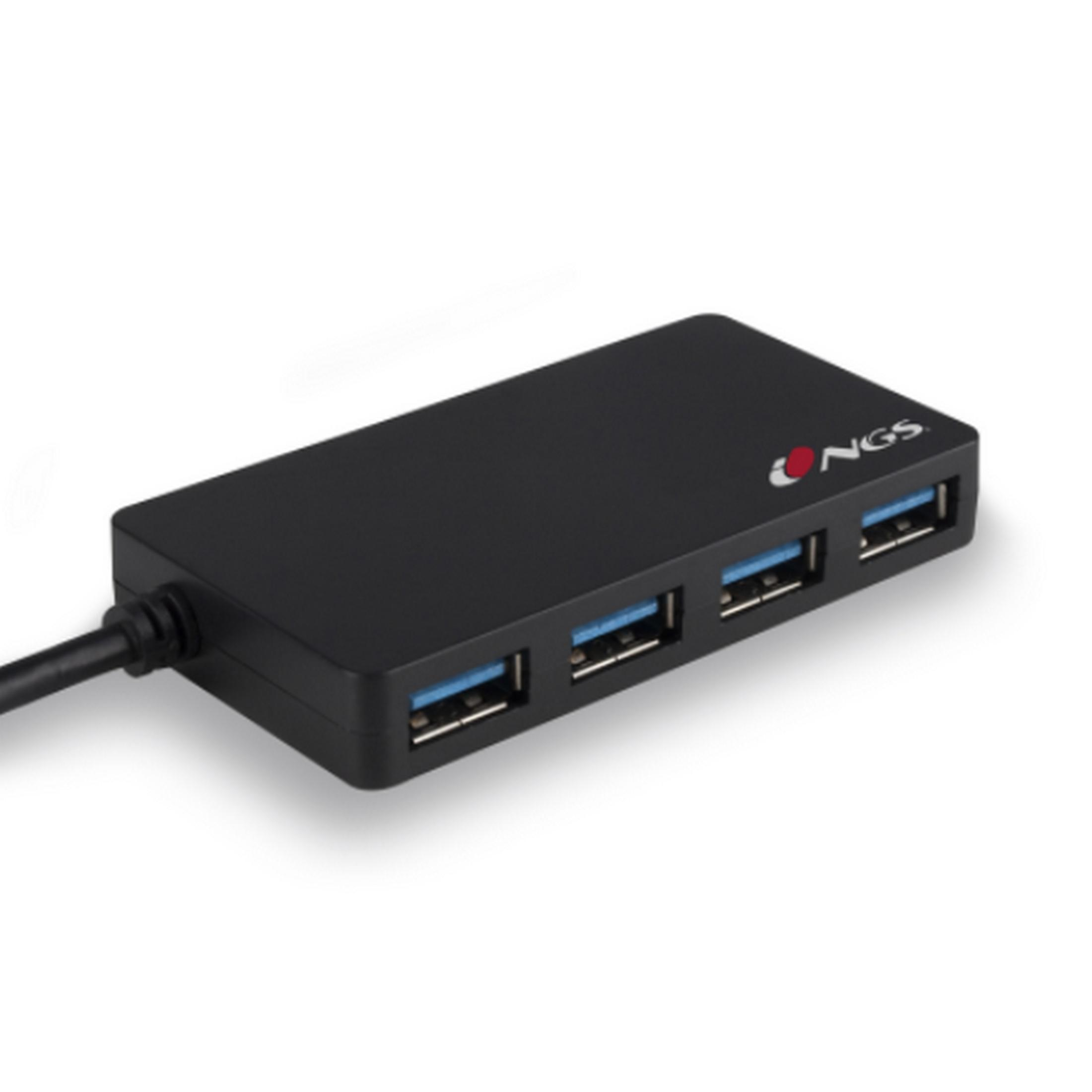 Hub USB nero con quattro porte blu e logo NGS.