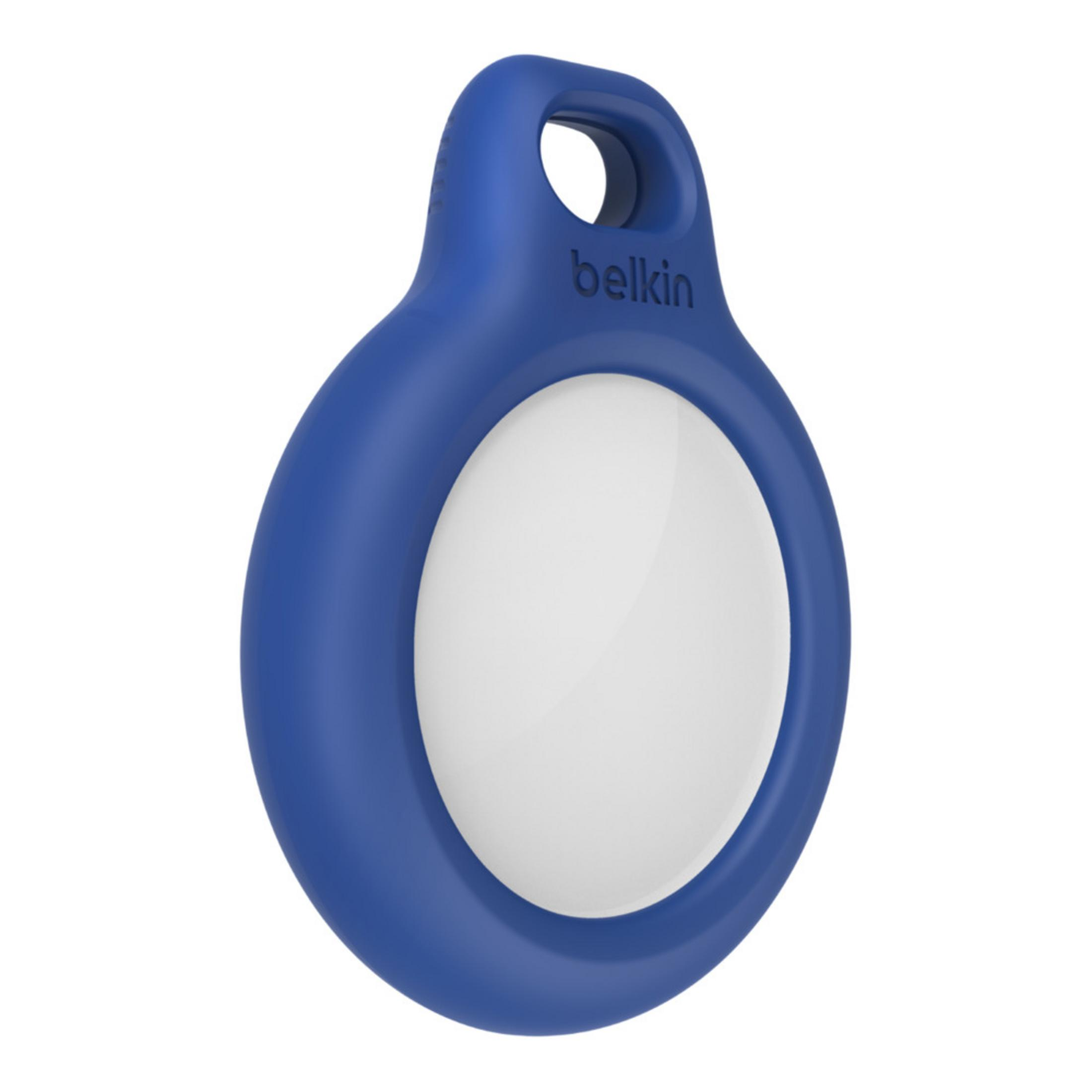 Una custodia Belkin blu con inserto bianco e un foro per appenderla.