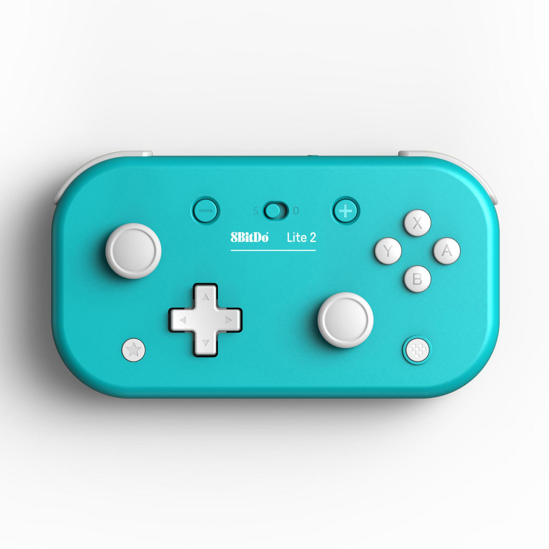 Un controller 8BitDo Lite 2 turchese con pulsanti bianchi e un D-pad.