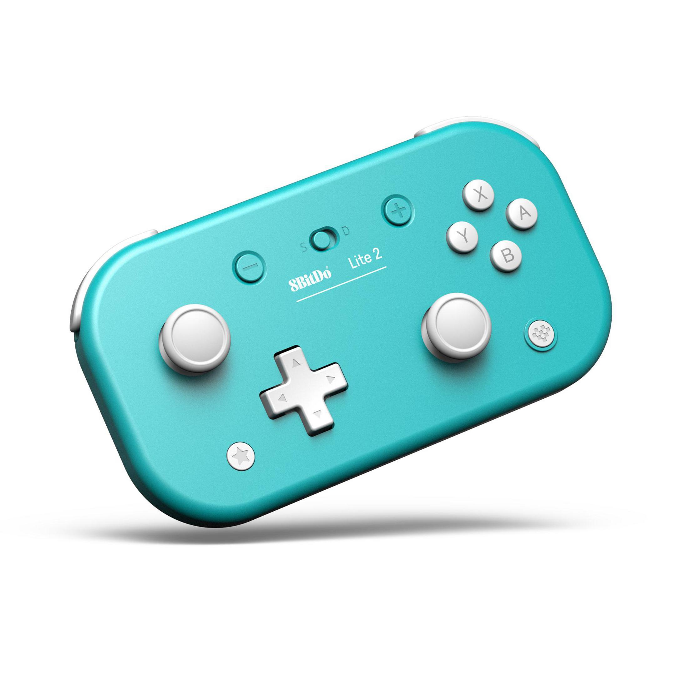 Un controller 8BitDo Lite 2 turchese con pulsanti bianchi e croce direzionale.