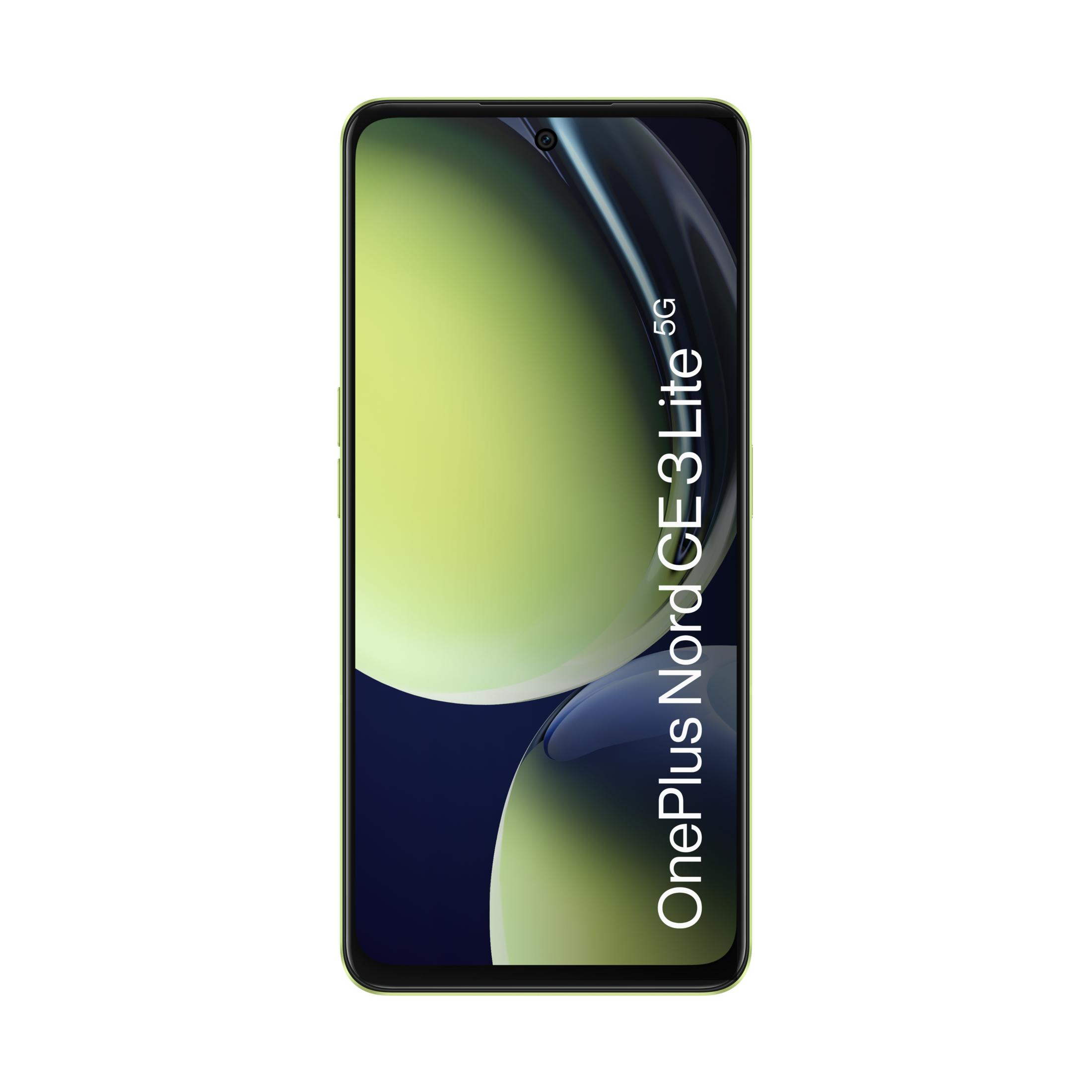 Un smartphone OnePlus Nord CE 3 Lite 5G verde claro con marco negro.