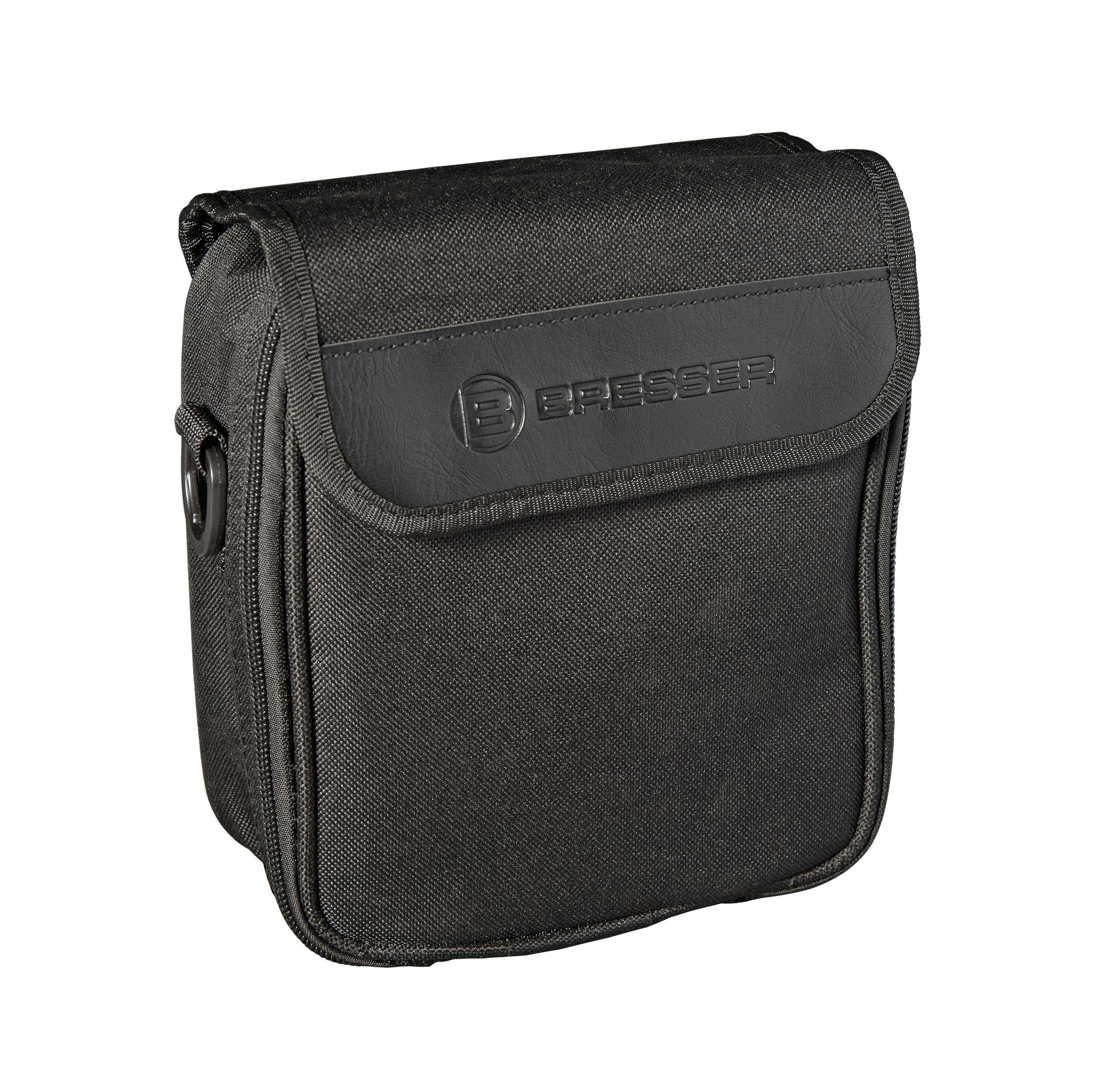 Bolsa negra de tela con detalle de cuero y logo, sobre fondo blanco.