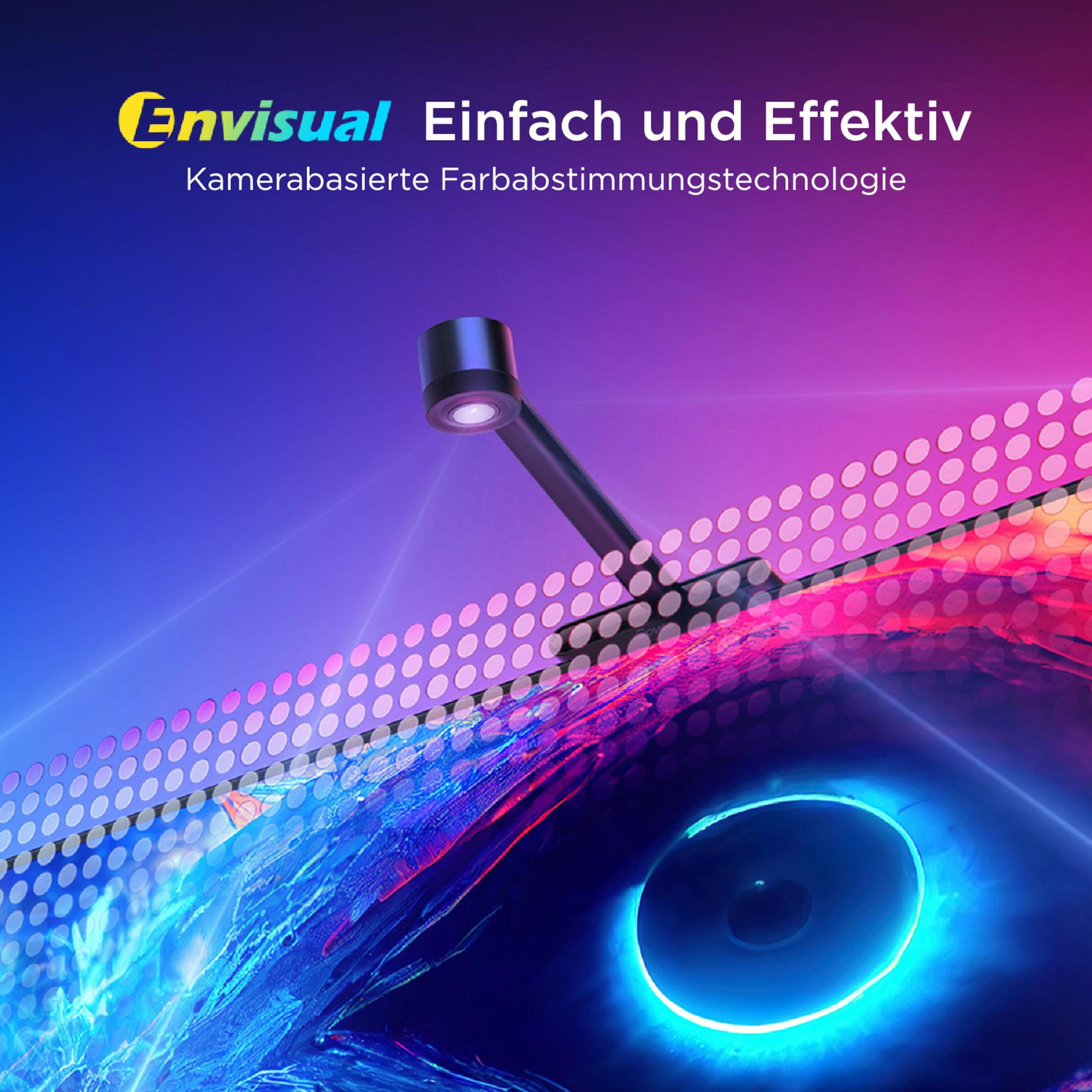 Ein schwarzer Arm mit Lampe über einem leuchtenden Bildschirm. Neon-Lichteffekte.