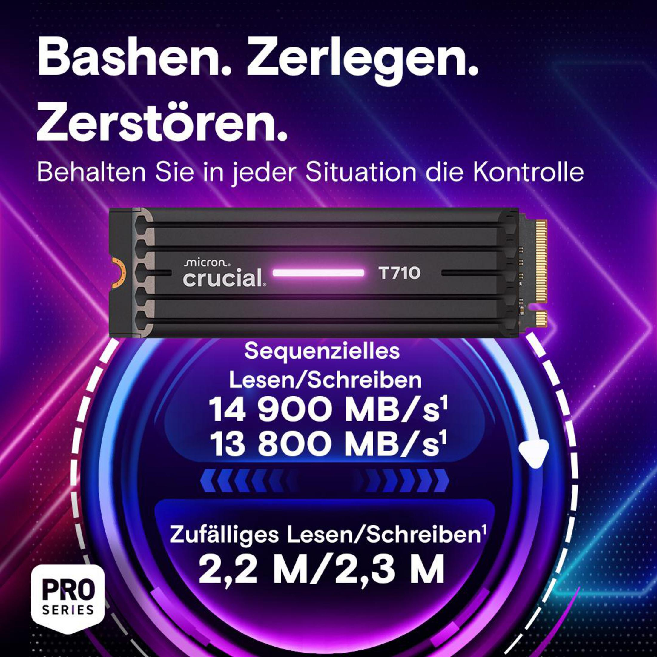 SSD Crucial T710 con specifiche di performance per letture/scritture sequenziali e casuali.