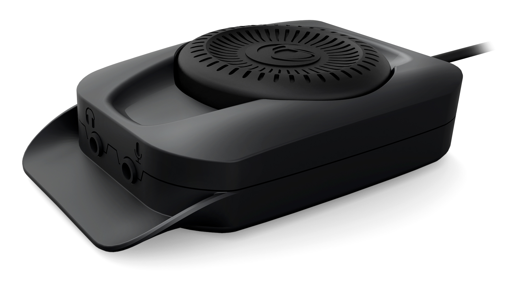 Schwarzer Audiogerät-Controller mit Kopfhörer- und Mikrofonanschlüssen.