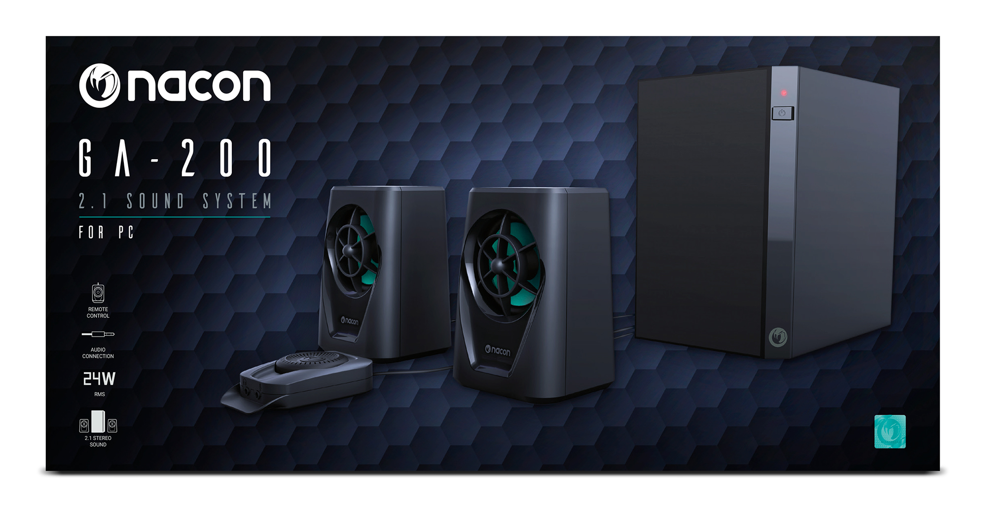 Nacon GA-200 2.1 Soundsystem mit zwei schwarzen Lautsprechern und Subwoofer.