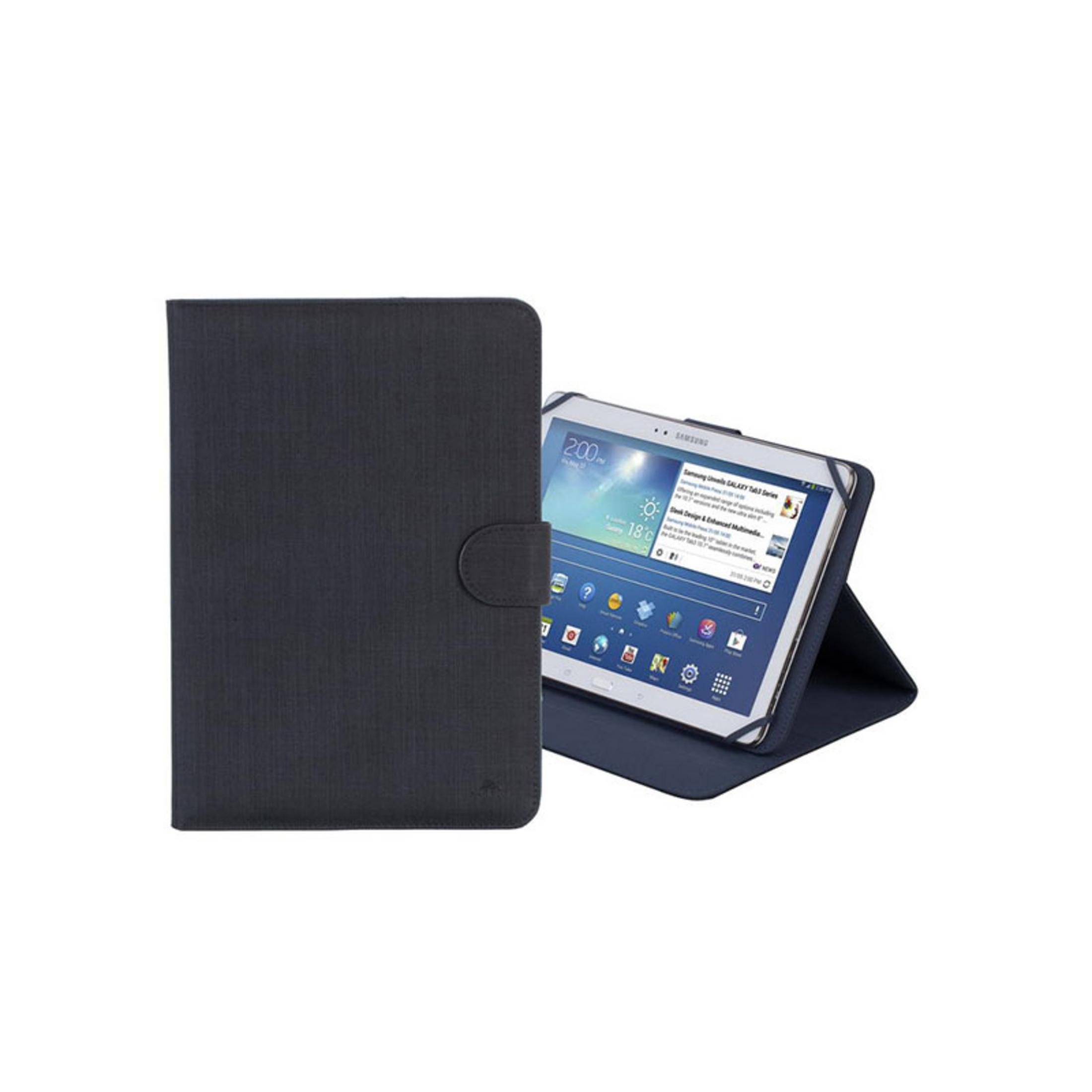 Una custodia blu scuro per tablet è aperta, mostrando un tablet Samsung con notizie e app. Stand in uso.