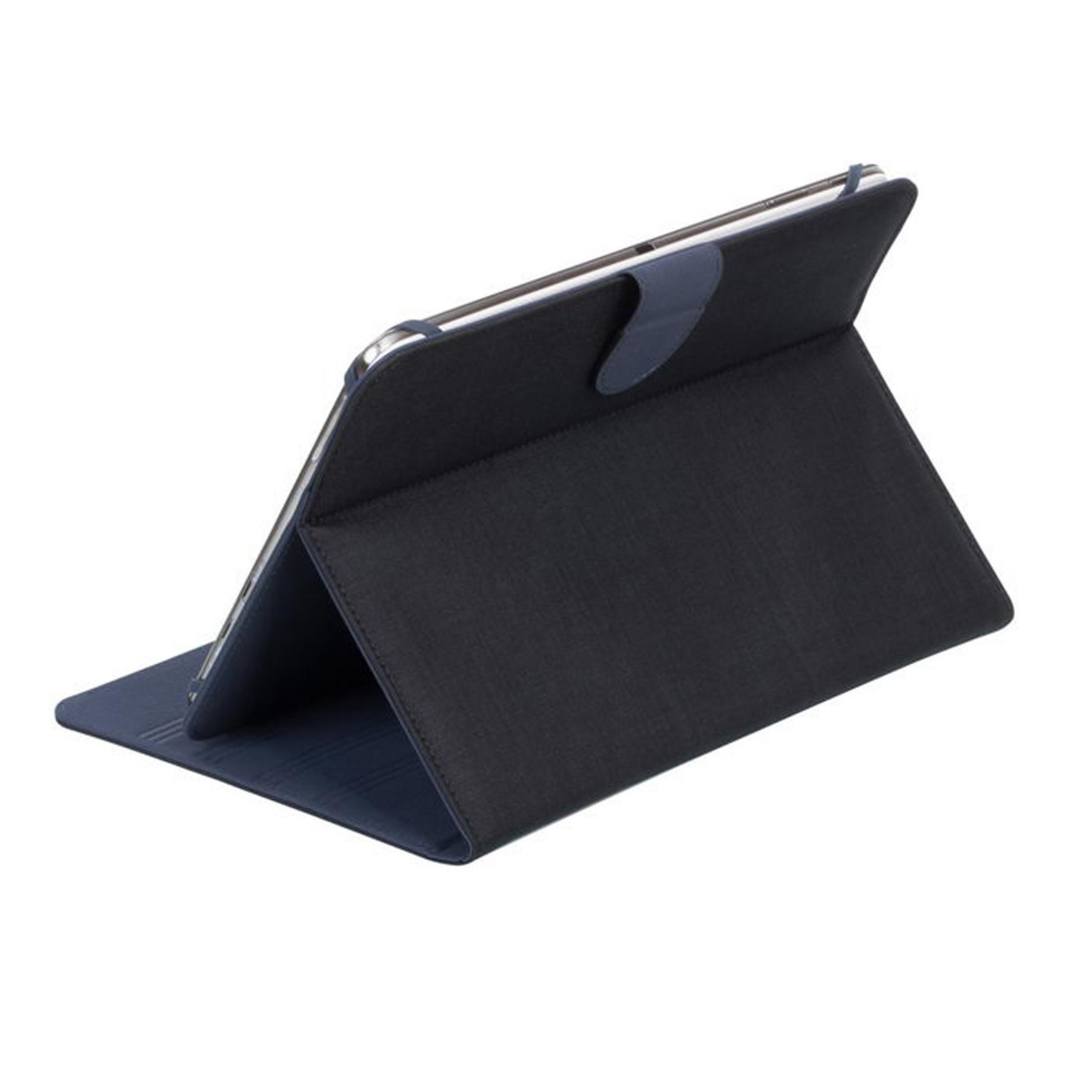 Un tablet blu scuro in modalità stand, su sfondo bianco.