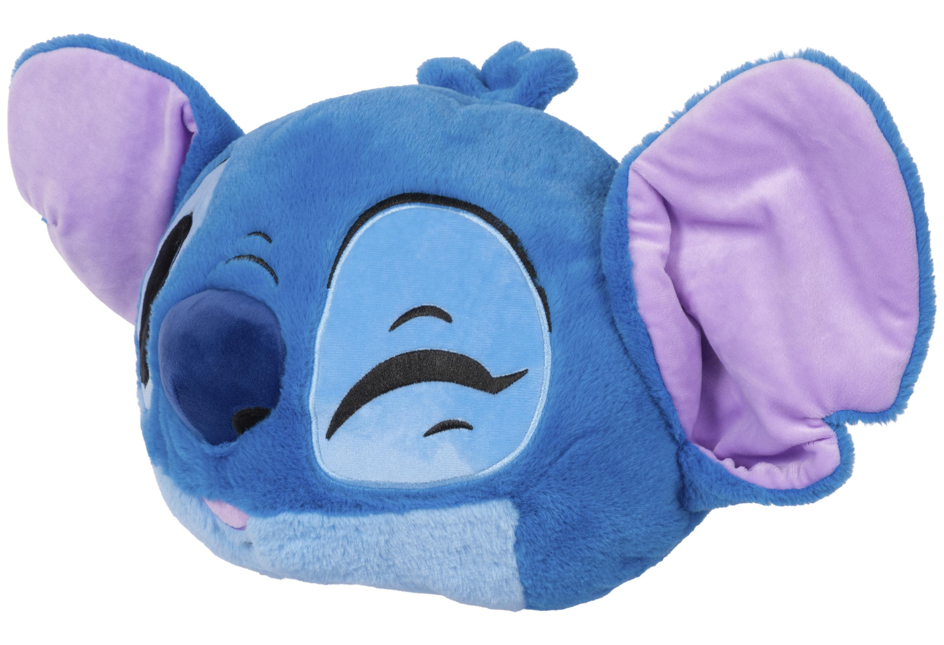 Ein blauer Stitch-Plüschkopf mit großen, lila gefütterten Ohren und geschlossenen Augen.