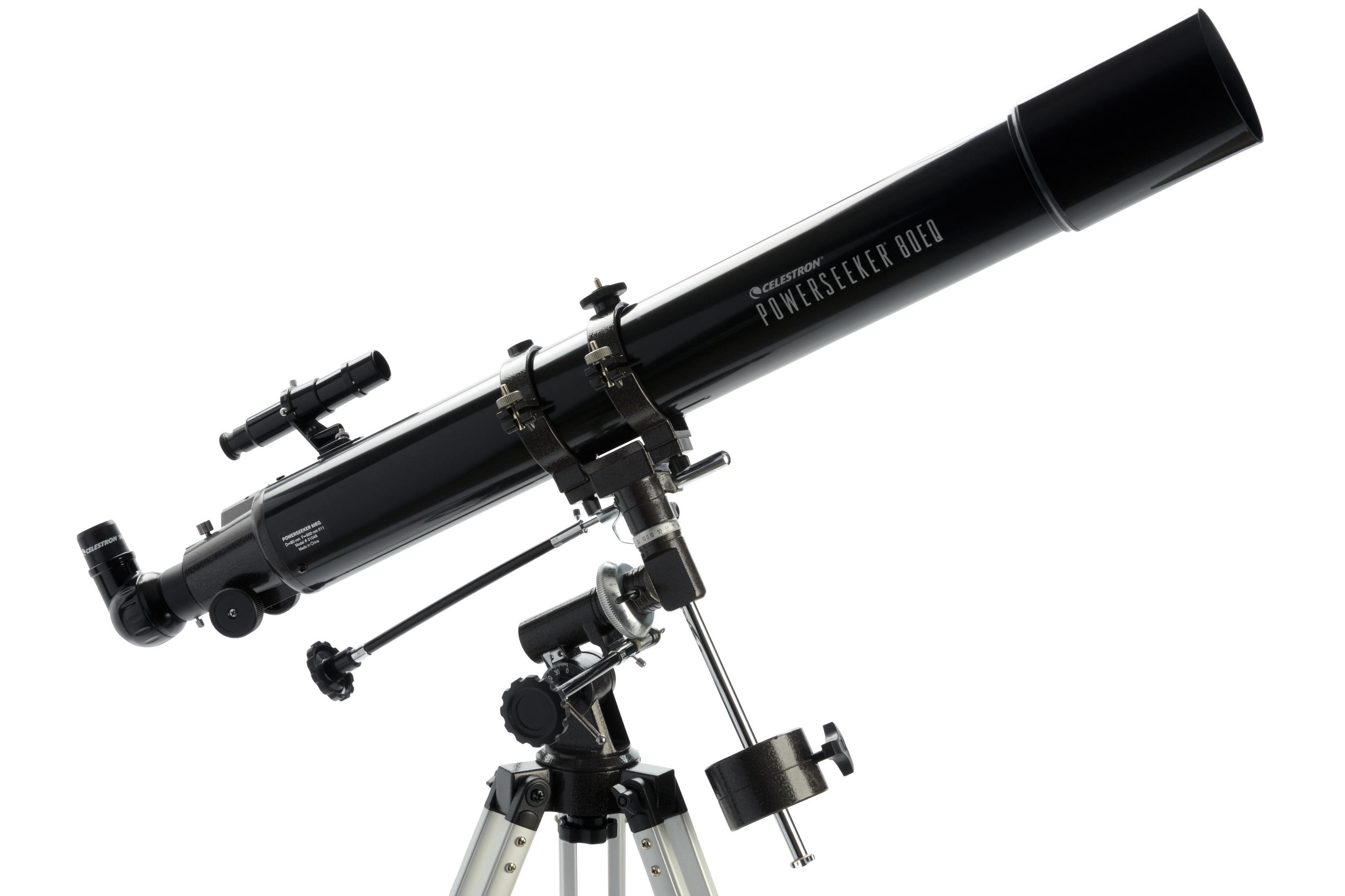 Ein schwarzes Celestron Powerseeker 80EQ Teleskop auf einem Stativ.