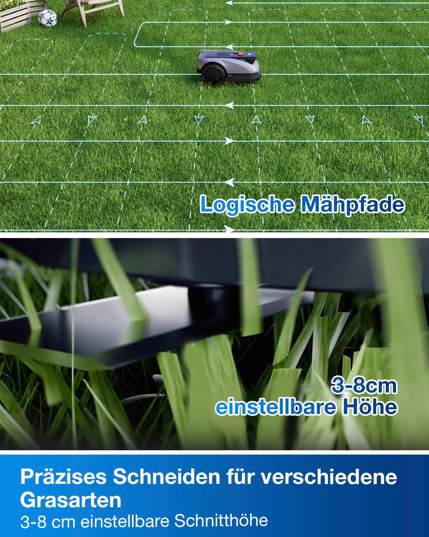 Ein Mähroboter auf einem Rasen mit Markierungen. Nahaufnahme des Schneidemechanismus.