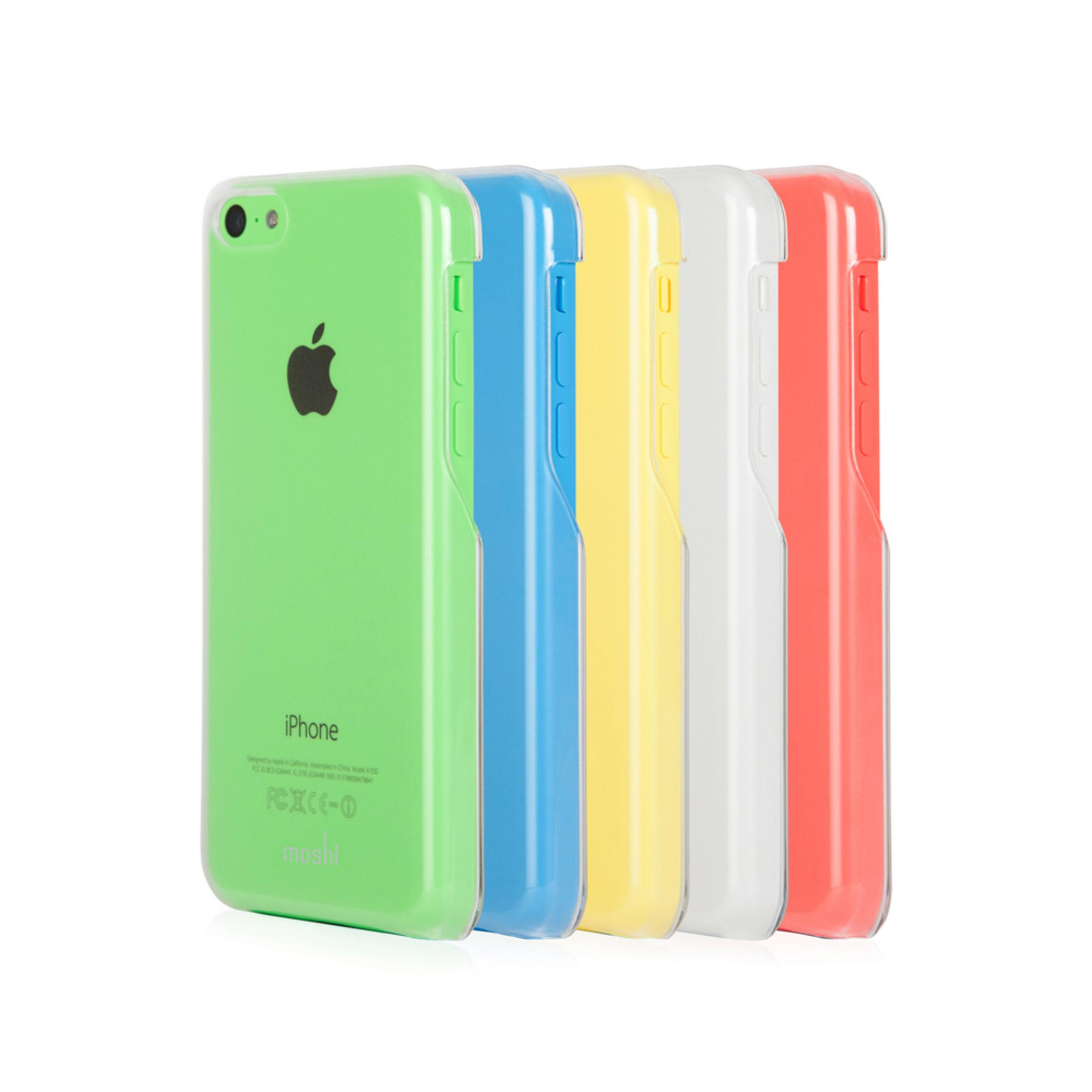 Cinque custodie per iPhone colorate allineate: verde, blu, giallo, bianco e rosso.
