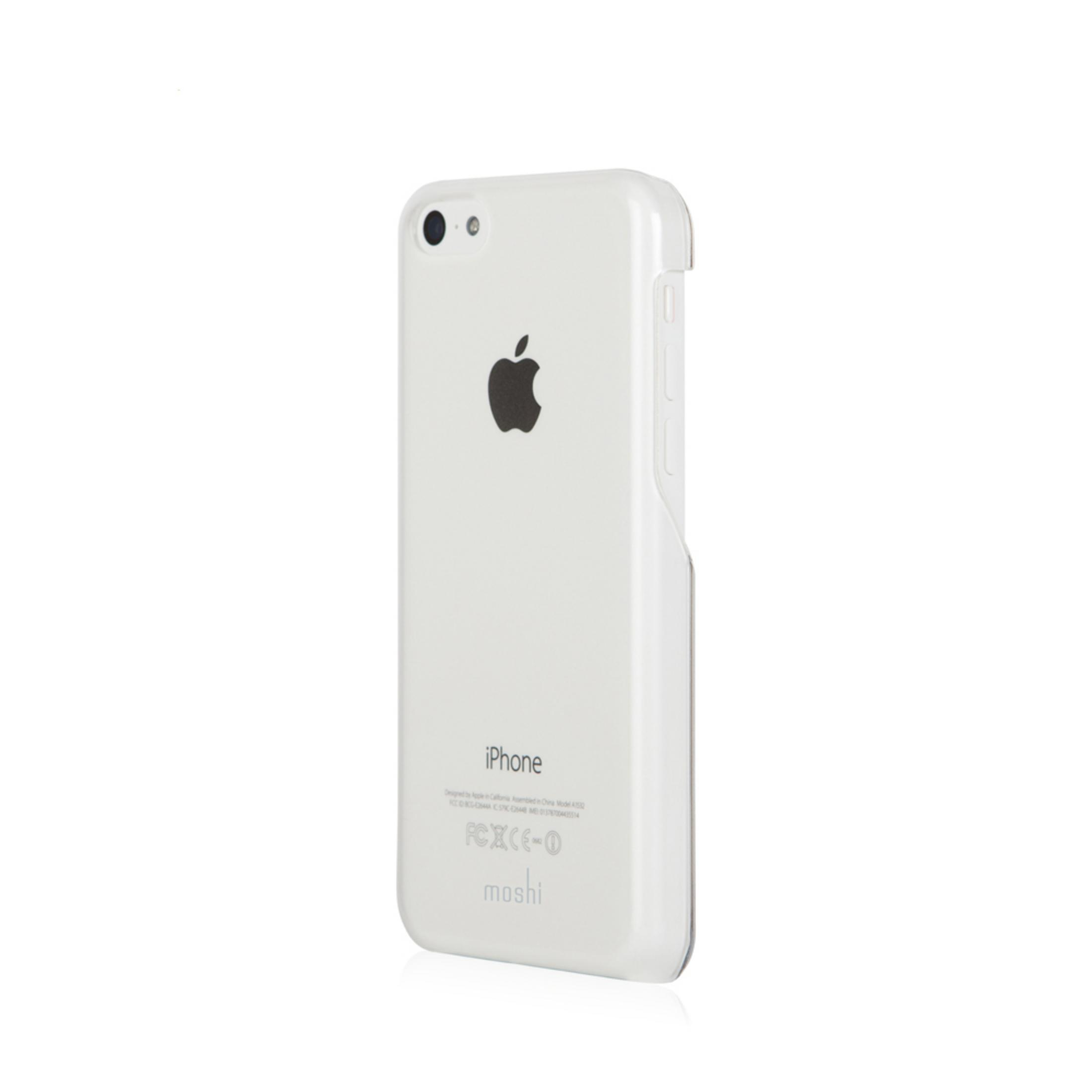 Un iPhone bianco con logo Apple nero e custodia trasparente.