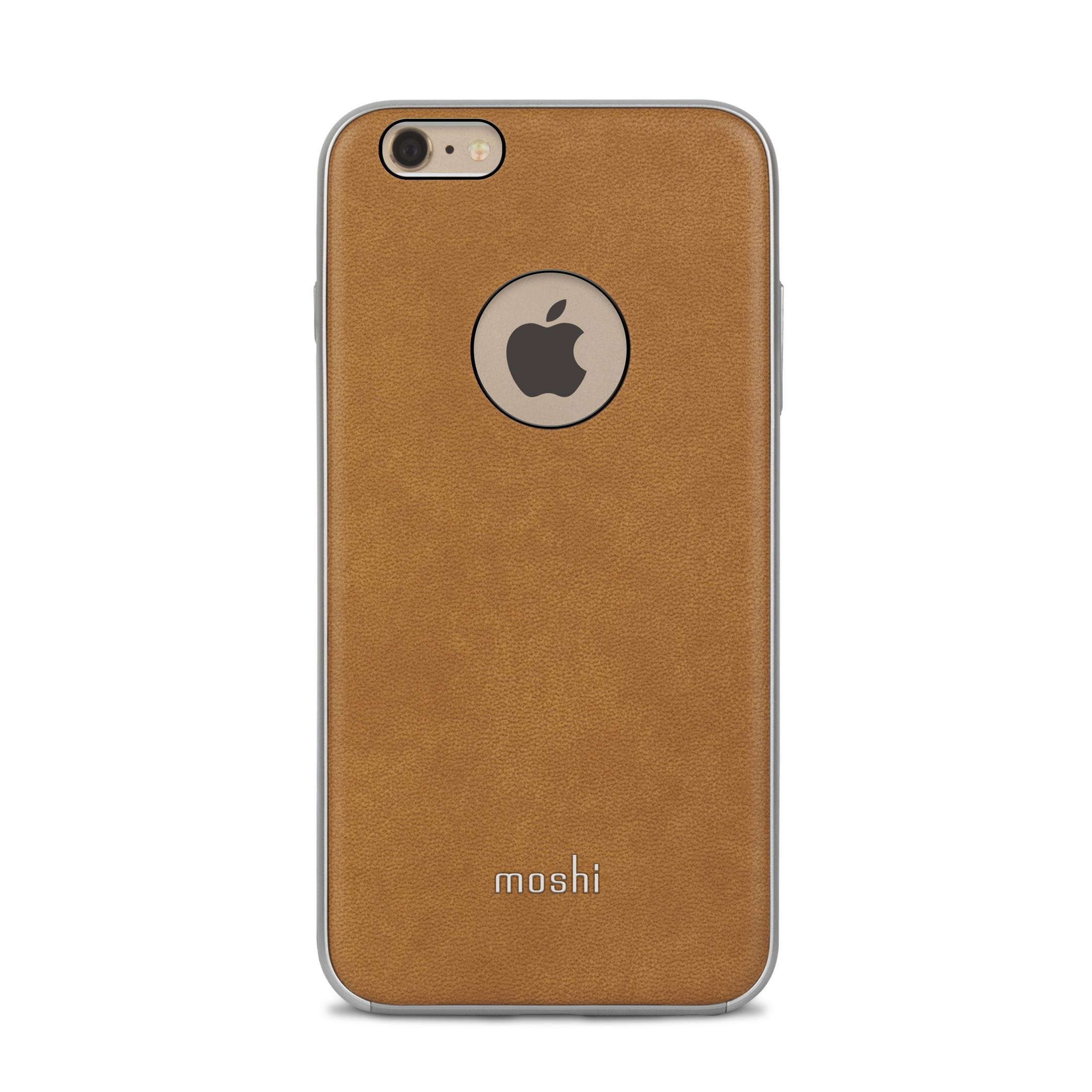 Custodia per telefono marrone con bordo argentato e logo Apple.