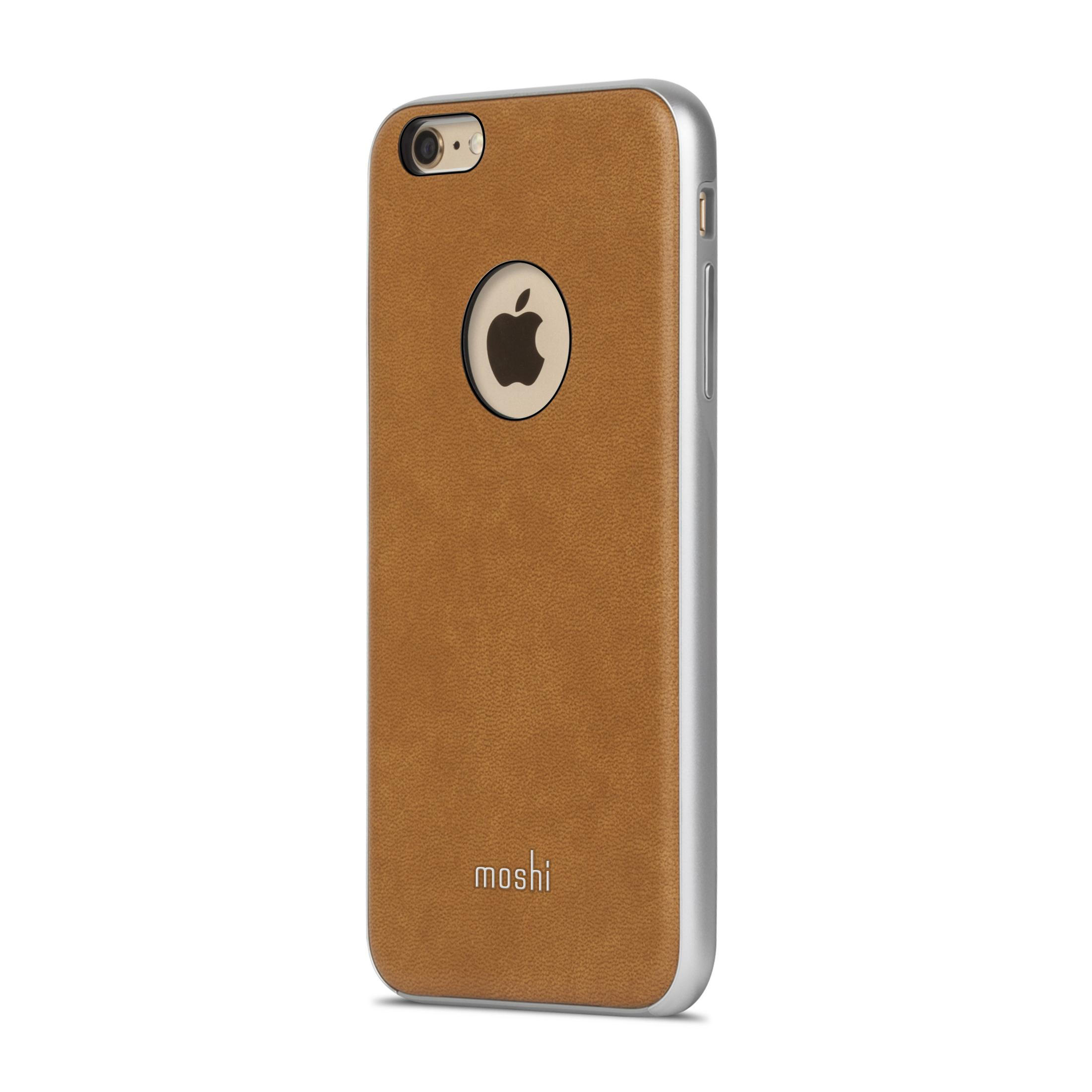 Custodia in pelle marrone con bordo argentato per iPhone, logo Apple.