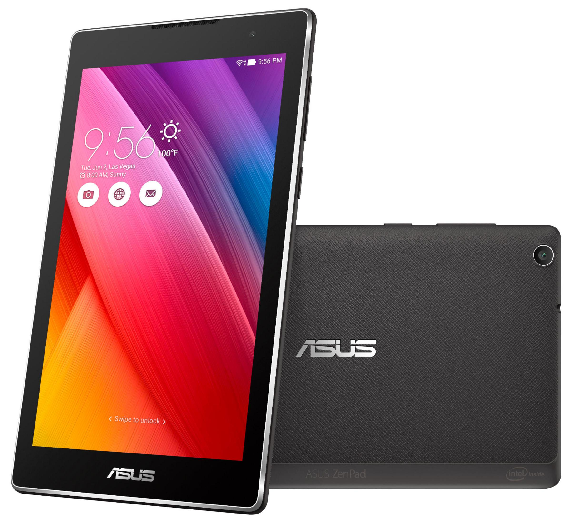 Ein schwarzes ASUS ZenPad Tablet mit farbigem Hintergrund. Die Rückseite ist sichtbar.