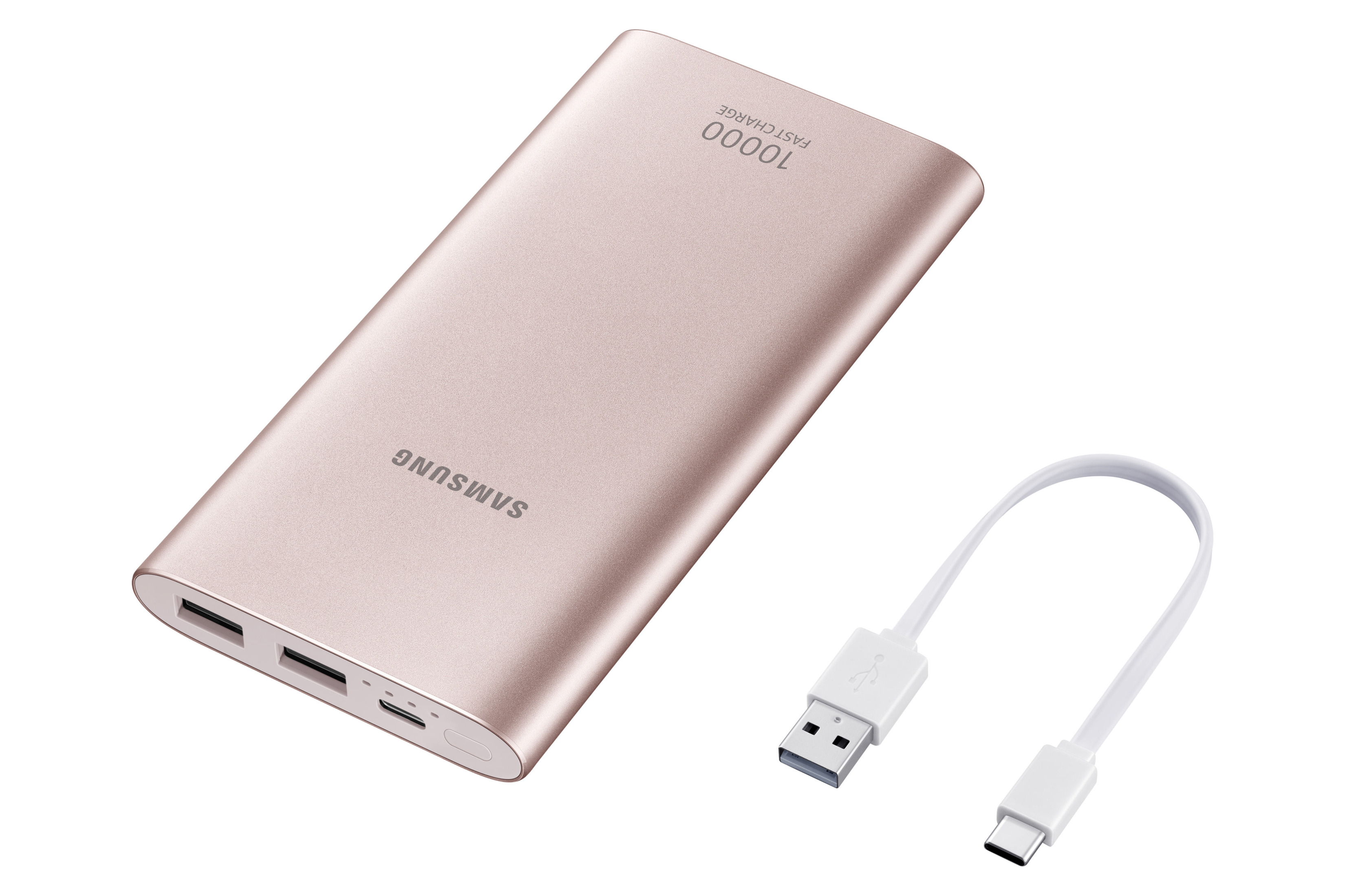 Une batterie externe Samsung or rose de 10000 mAh et un câble USB blanc.