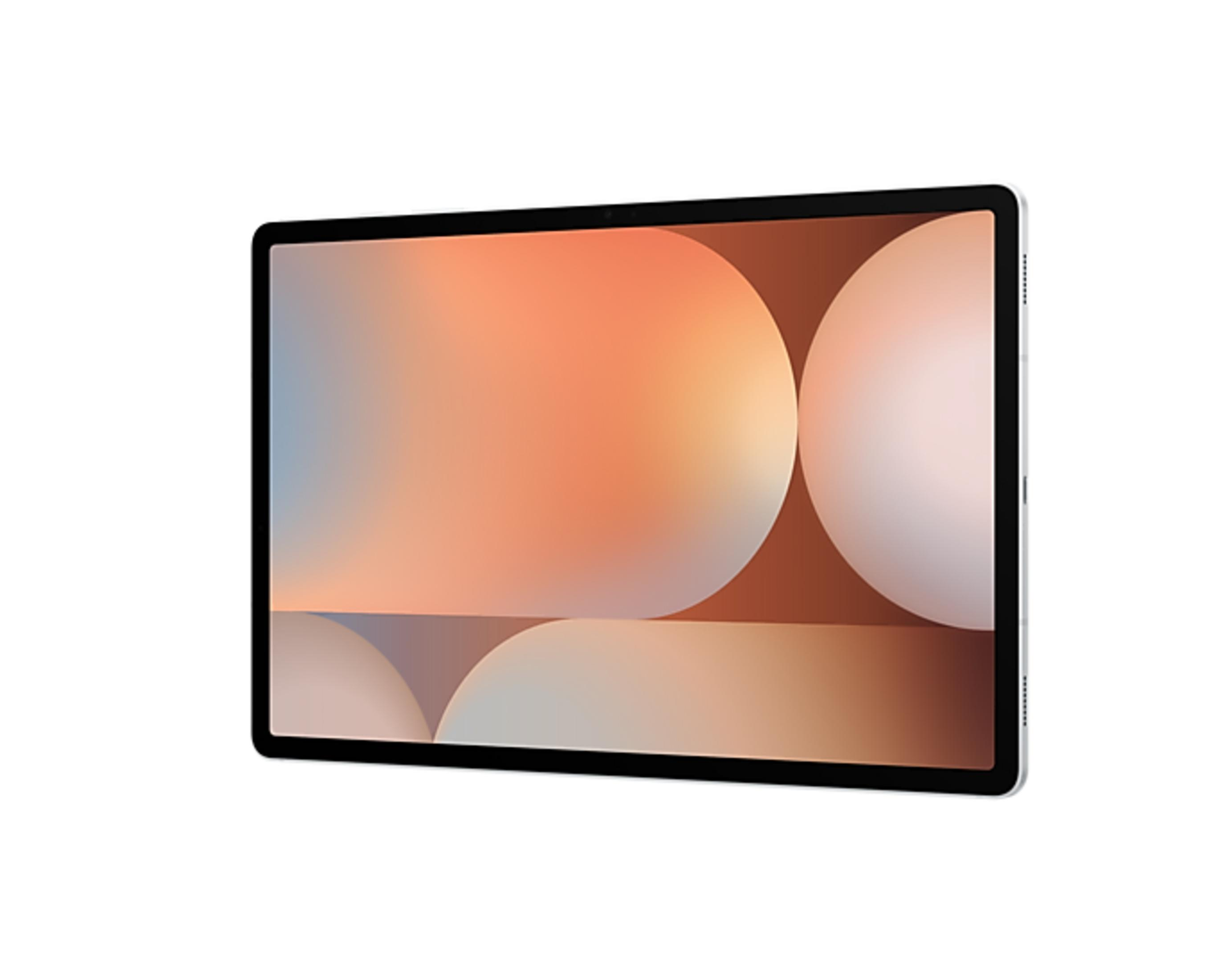 Een zilveren tablet met een abstracte, verlopende achtergrond.