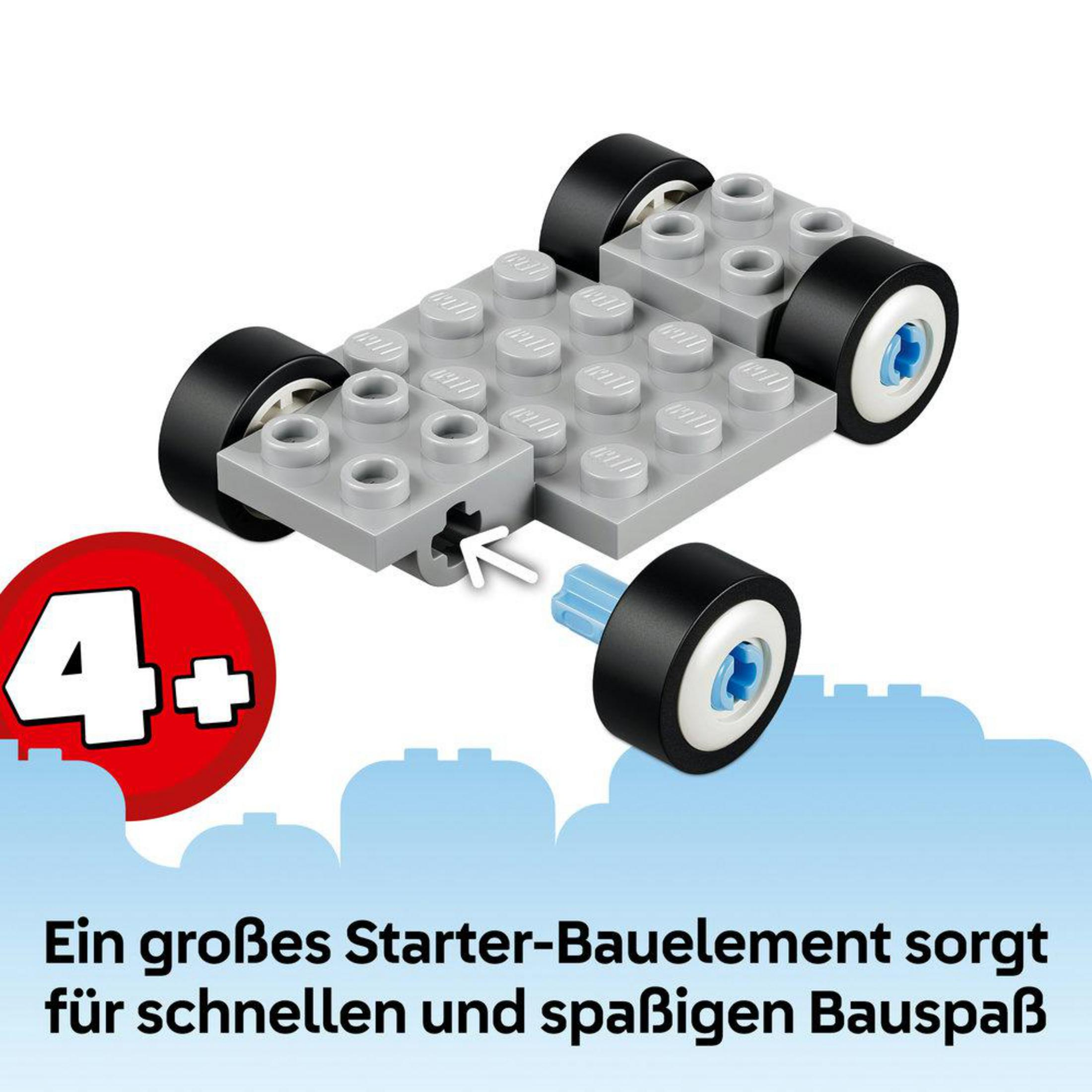 Telaio LEGO grigio con quattro ruote e cerchio rosso con il numero 4+.