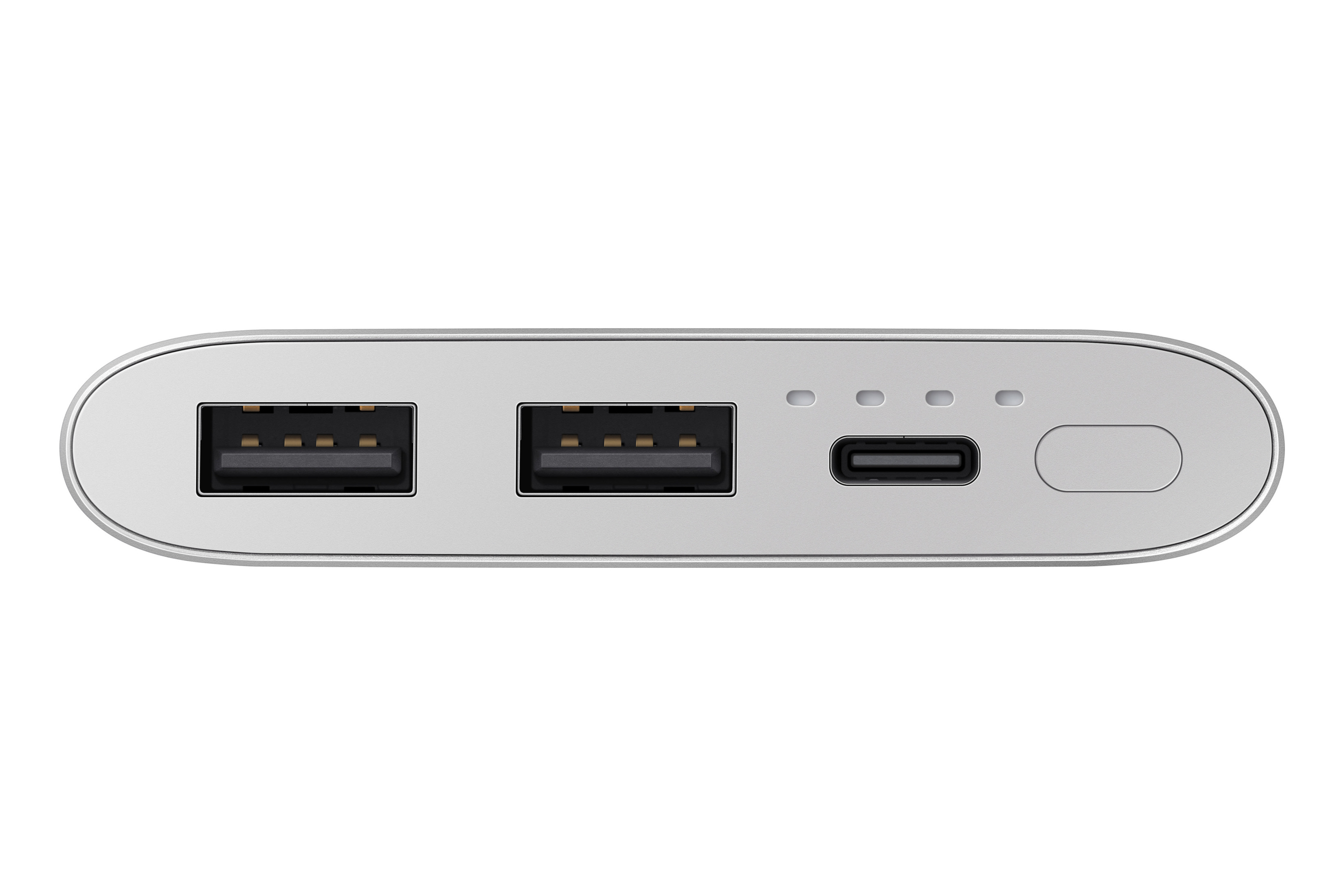 Boîtier de power bank argenté avec deux ports USB-A, un port USB-C et quatre voyants.